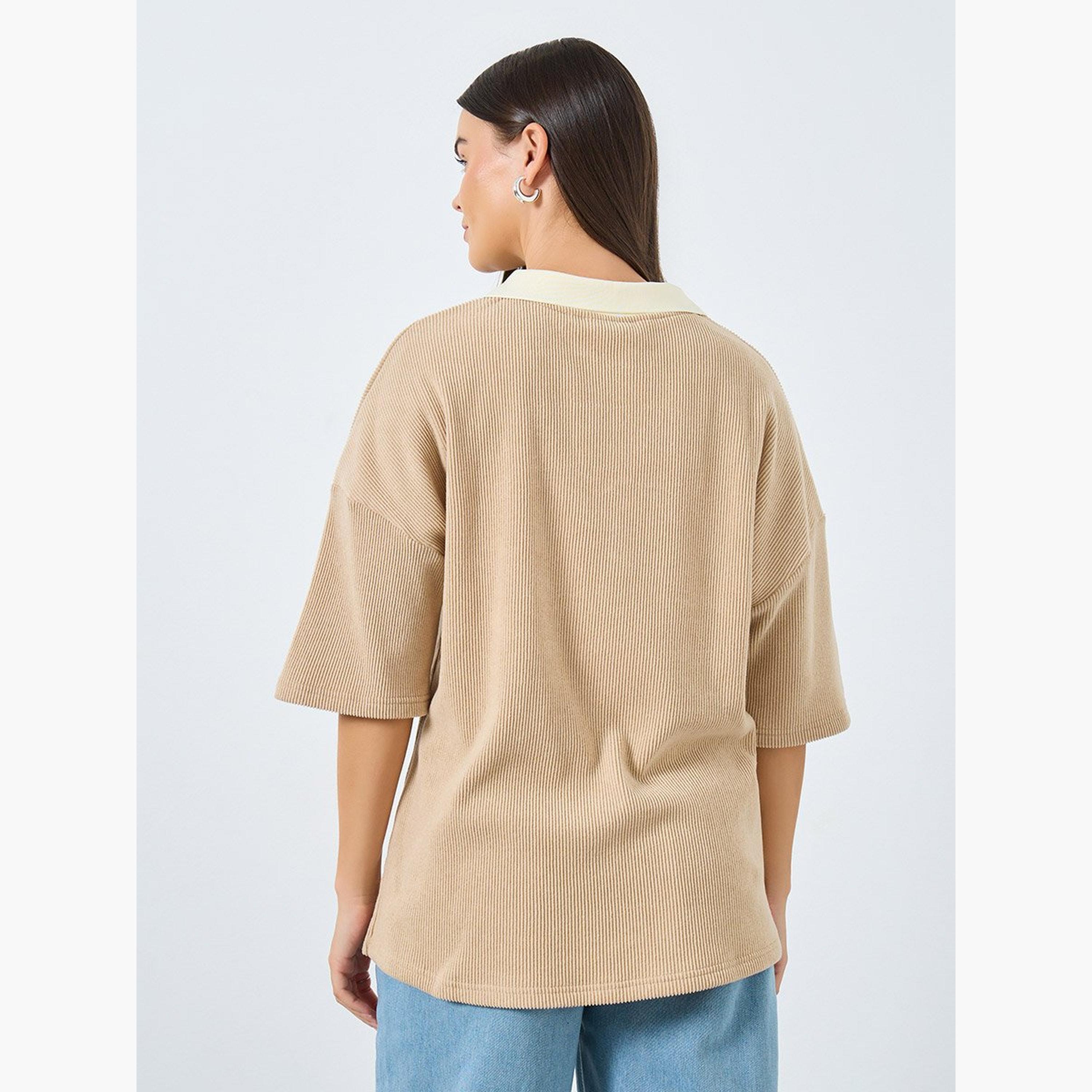Styli Beige Knitted Polo T-Shirt-women-clothing-tshirts-image-5