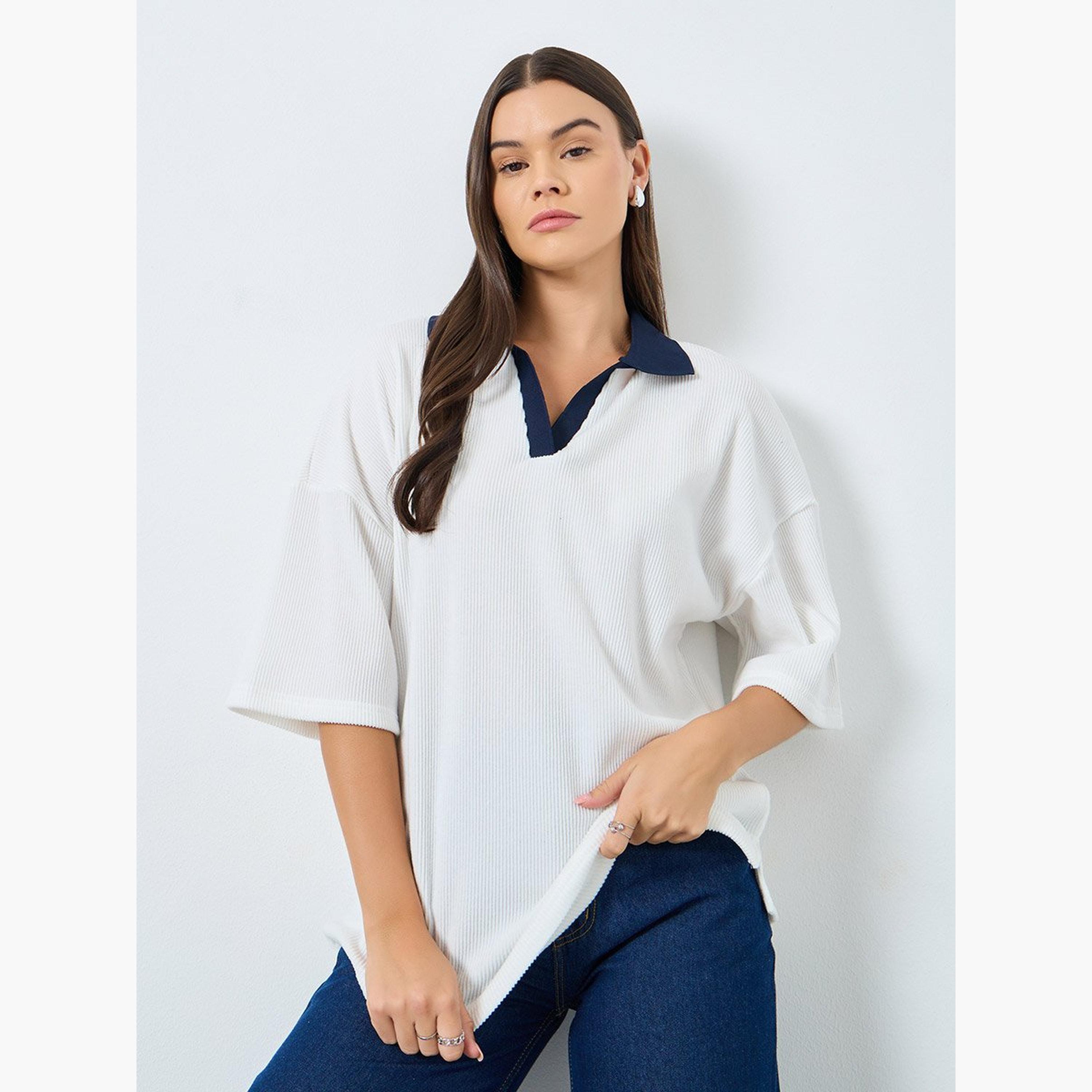 ستايلي - تي شيرت بولو محبوك لون أبيض-women-clothing-tshirts-image-1