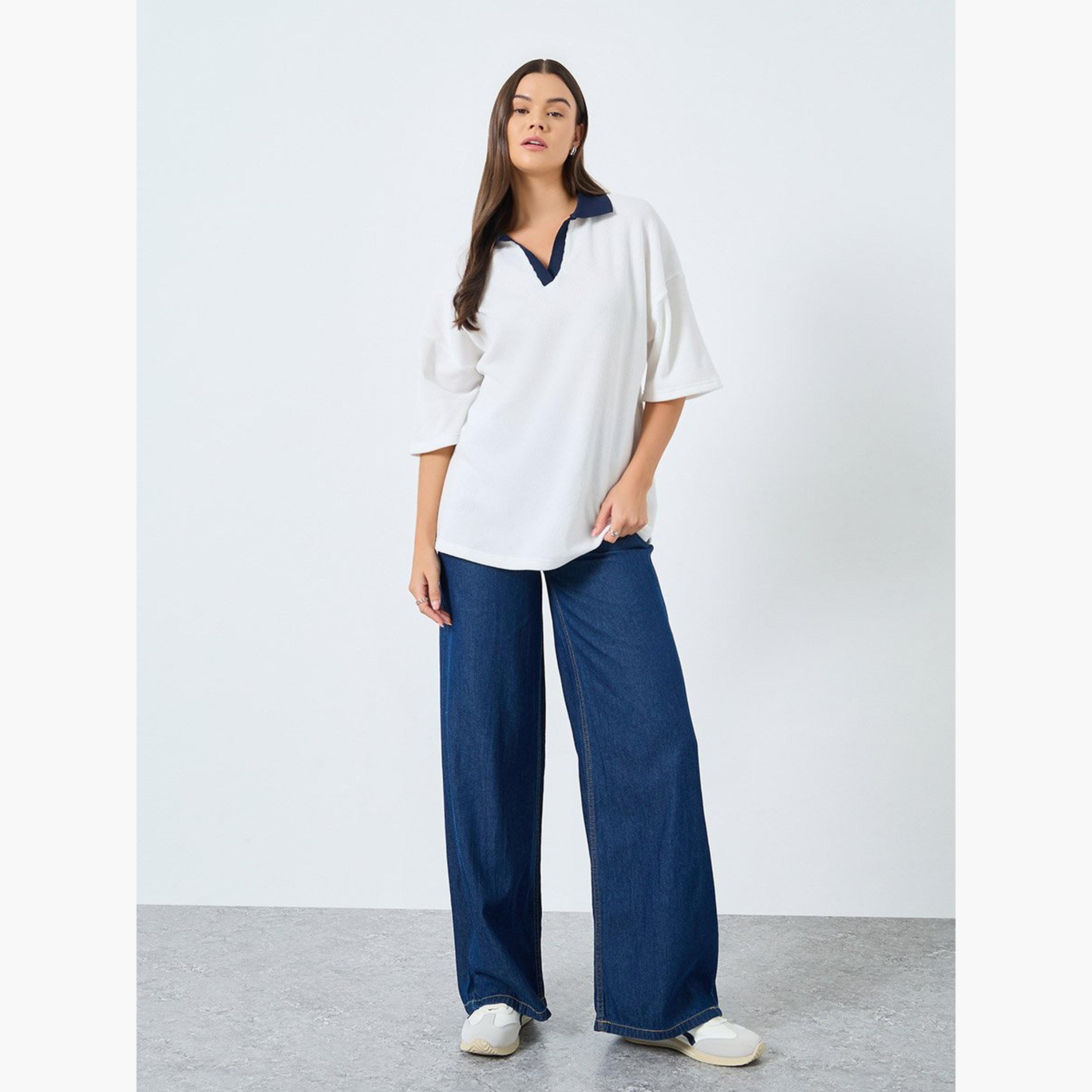 ستايلي - تي شيرت بولو محبوك لون أبيض-women-clothing-tshirts-image-2
