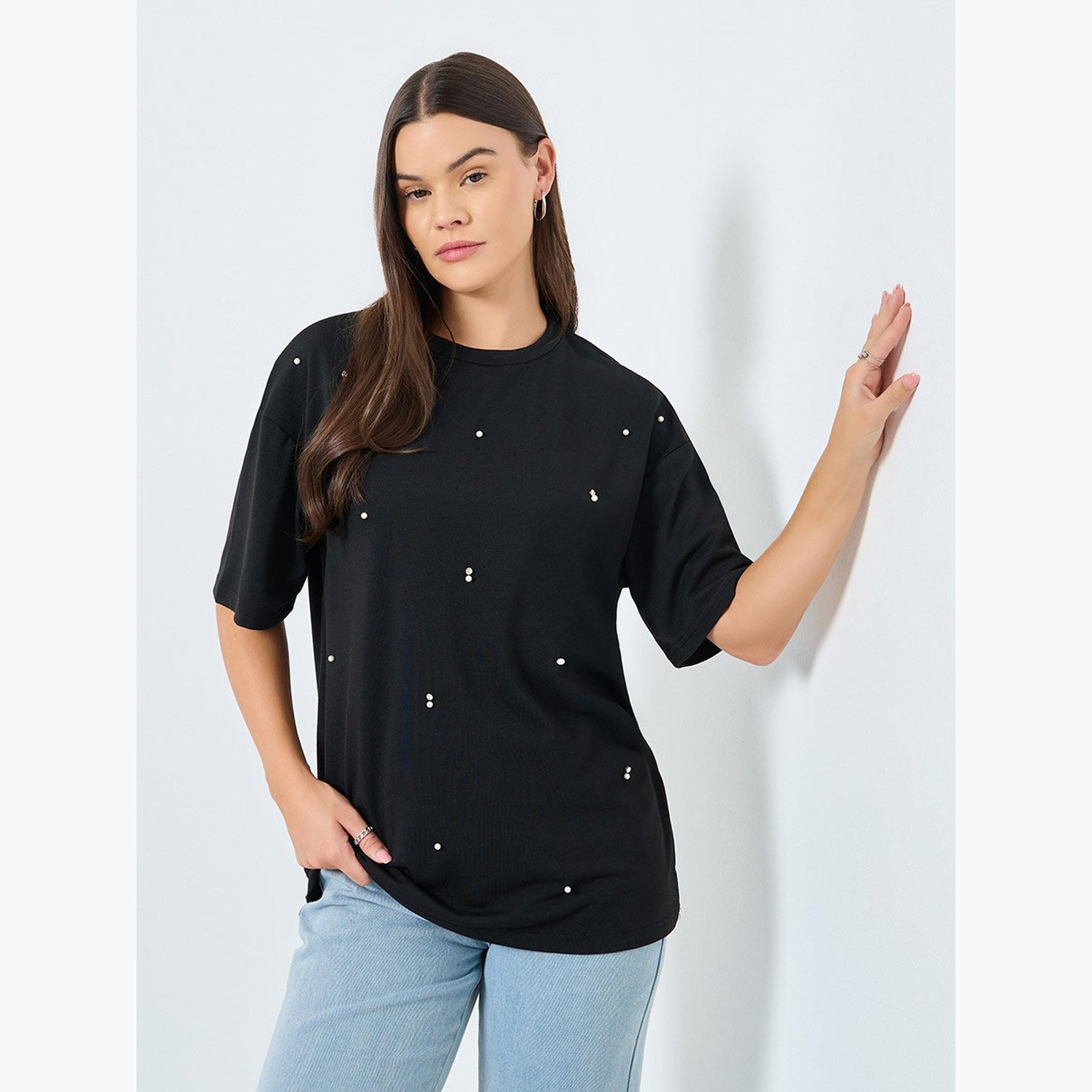 Styli Black Embellished Round Neck T-Shirt-women-clothing-tshirts-image-1