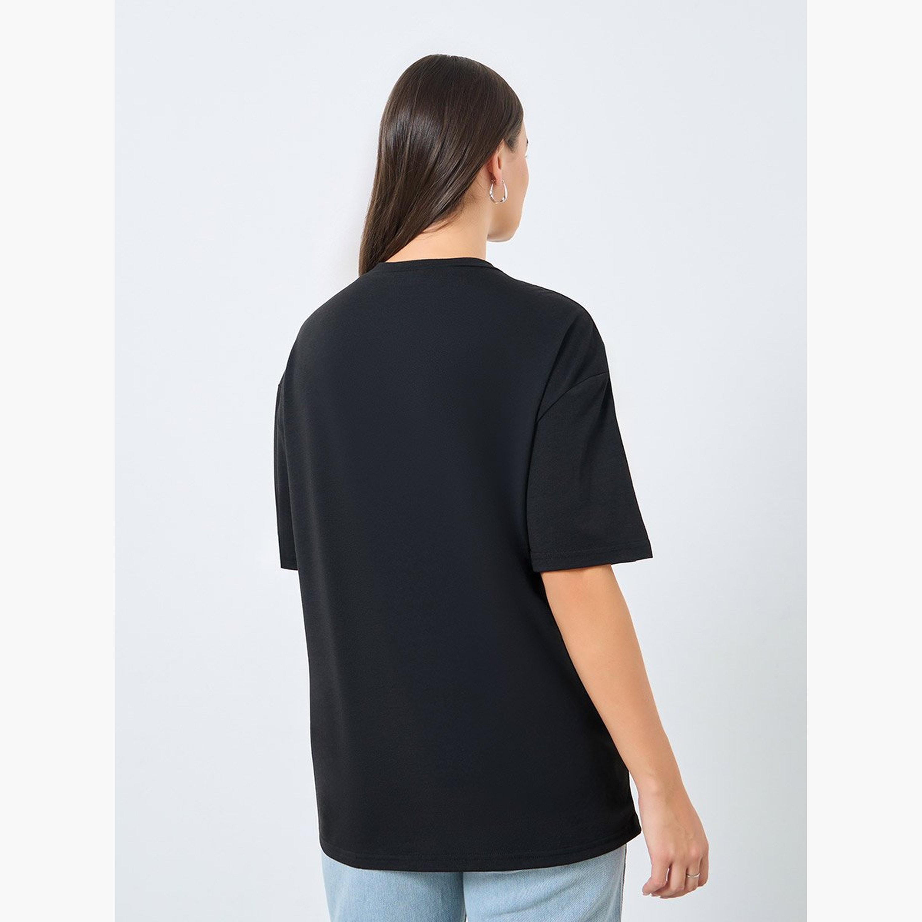 ستايلي - تي شيرت أسود مزخرف برقبة دائرية-women-clothing-tshirts-image-4