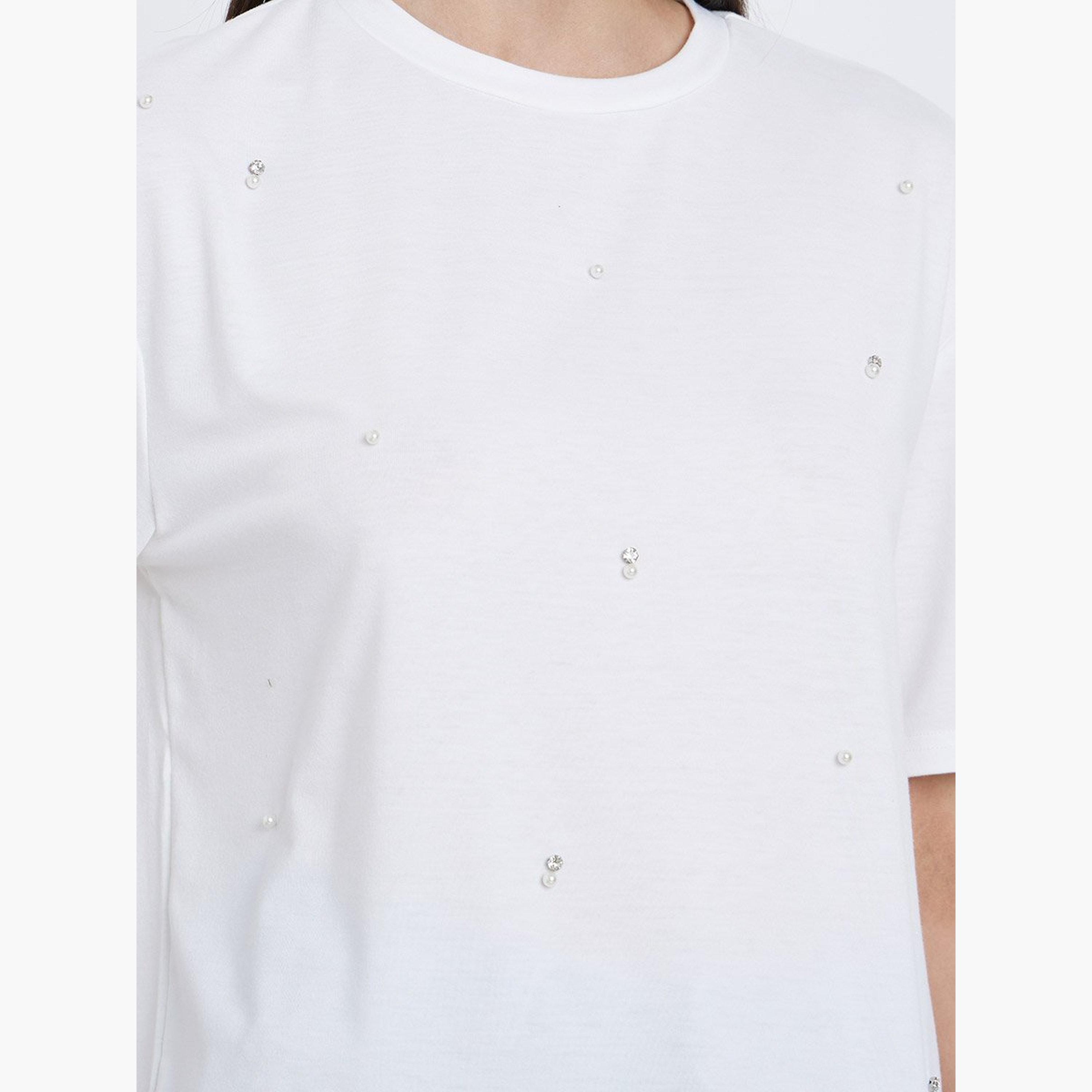 Styli White Embellished Round Neck T-Shirt-women-clothing-tshirts-image-4
