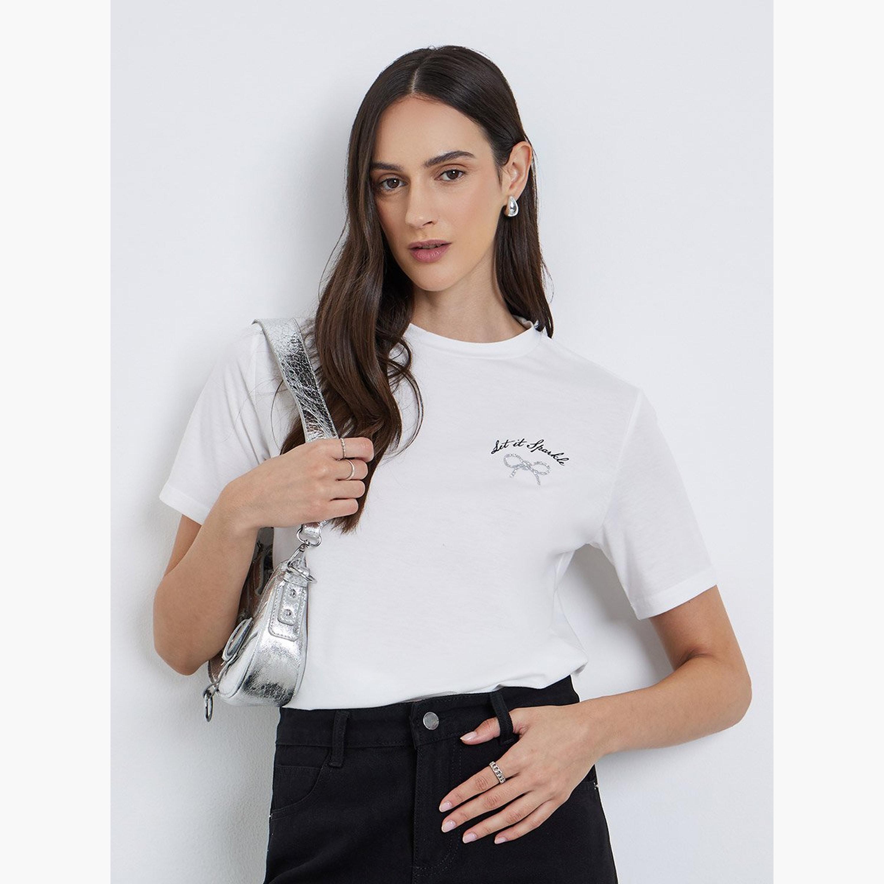 Styli Women White Embellished Knitted T-Shirt-women-clothing-tshirts-image-1