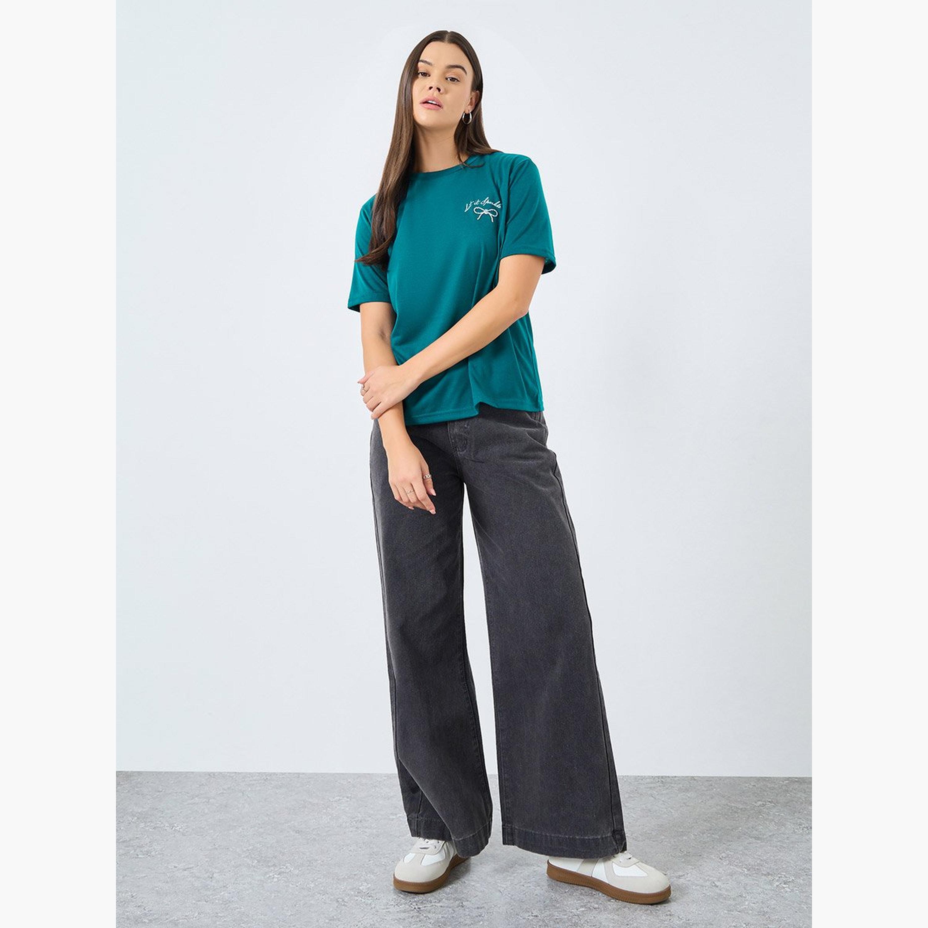 Styli Dark Green Slogan Print Embellished T-Shirt-women-clothing-tshirts-image-1