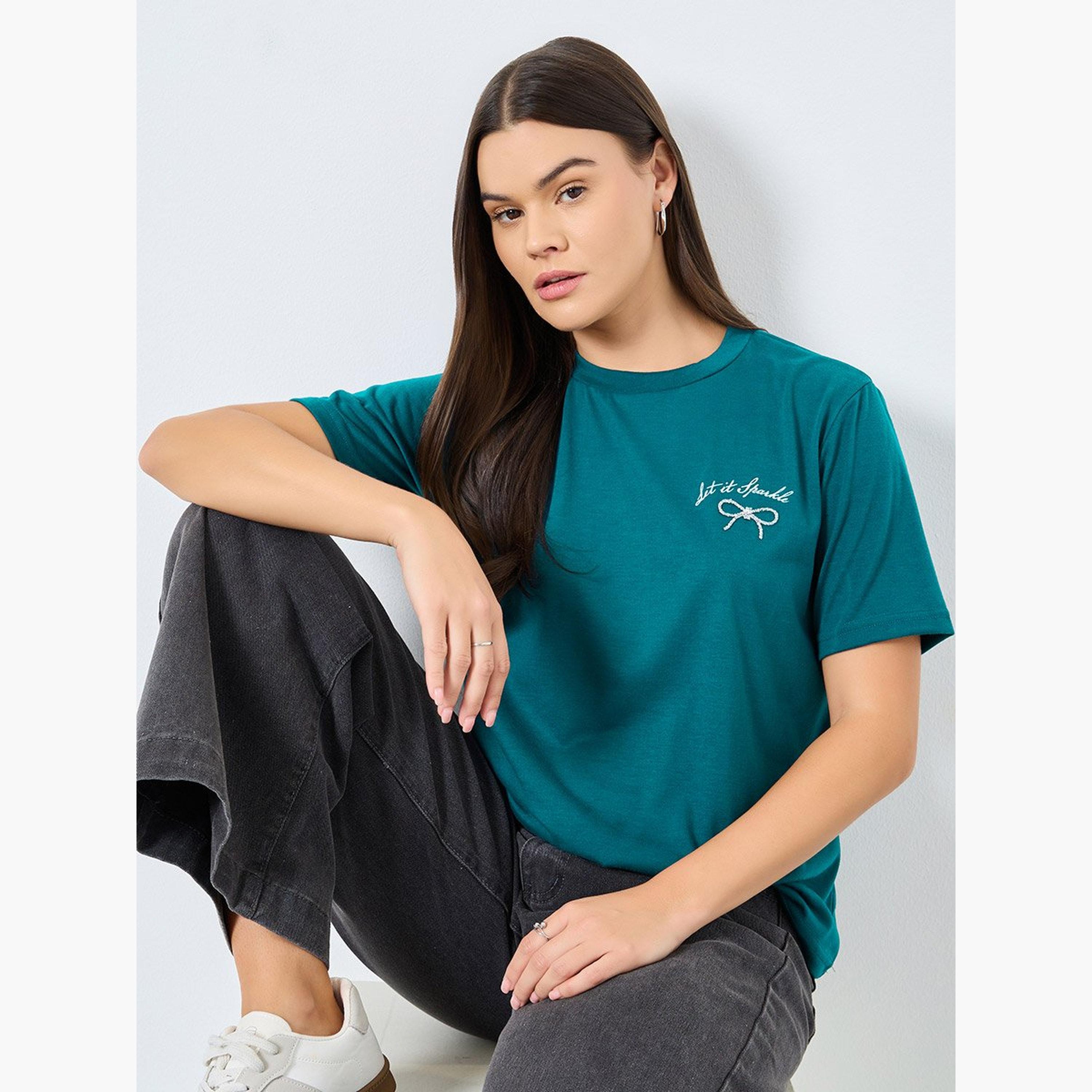 Styli Dark Green Slogan Print Embellished T-Shirt-women-clothing-tshirts-image-2
