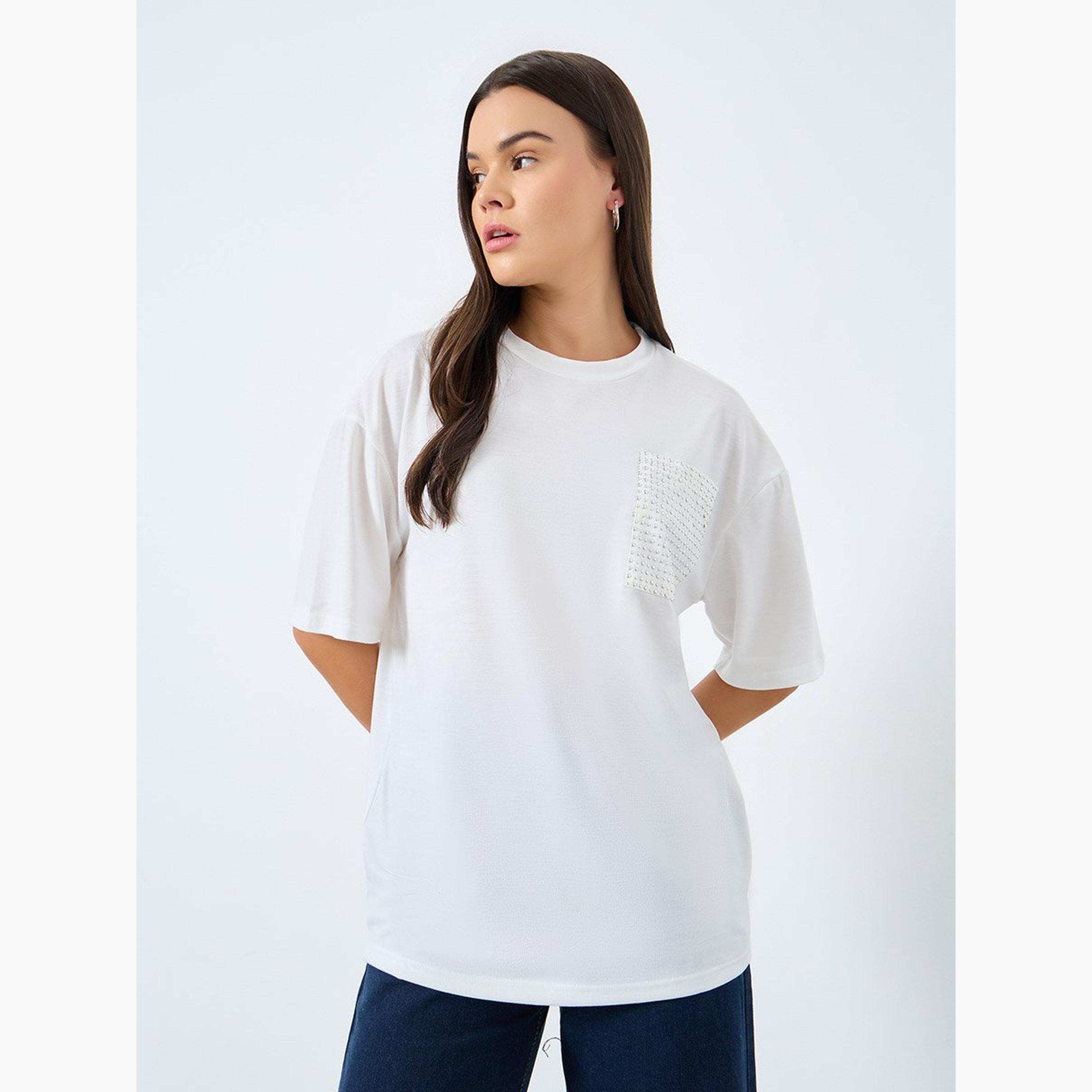 Styli White Studded Pocket Oversized T-Shirt-women-clothing-tshirts-image-1