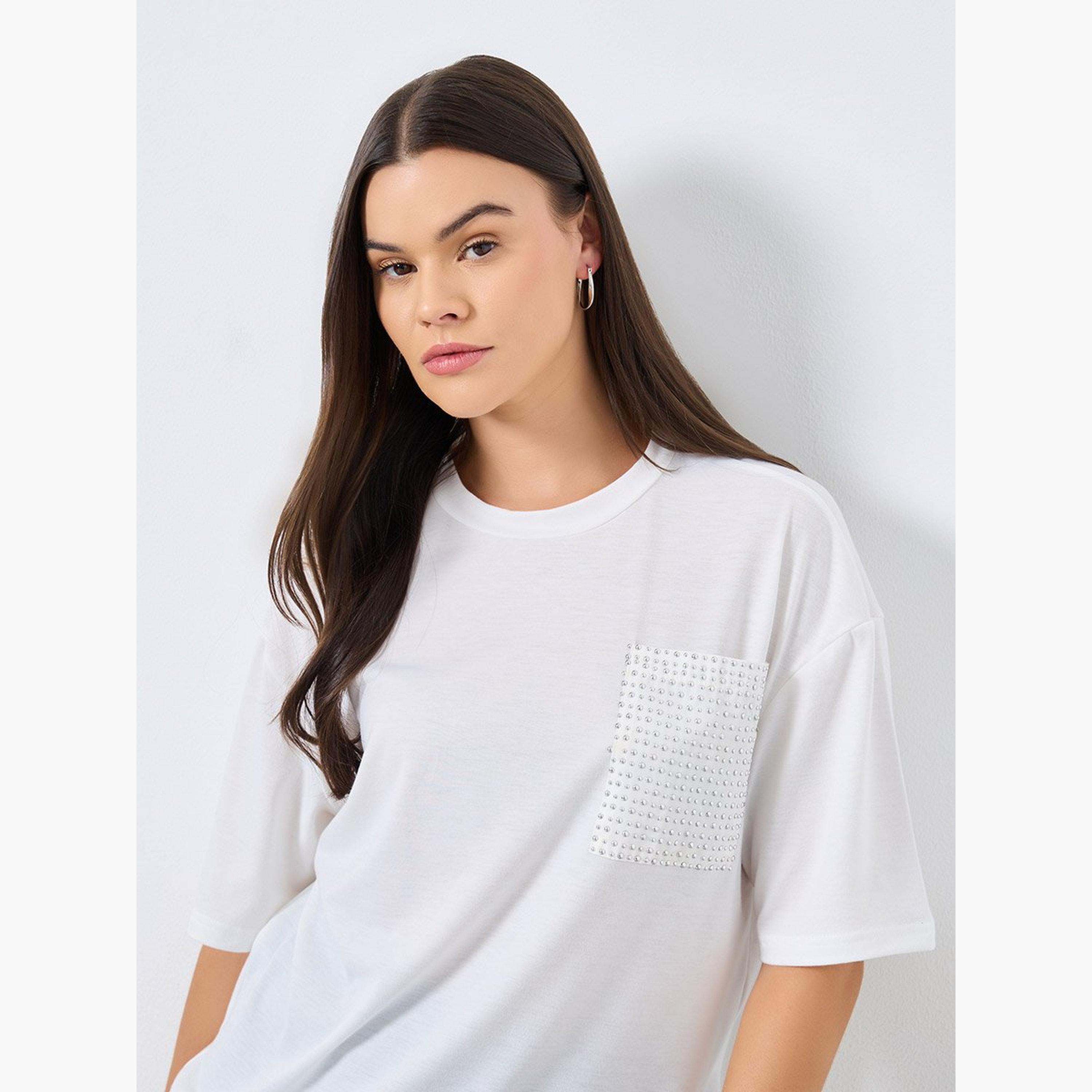 Styli White Studded Pocket Oversized T-Shirt-women-clothing-tshirts-image-2