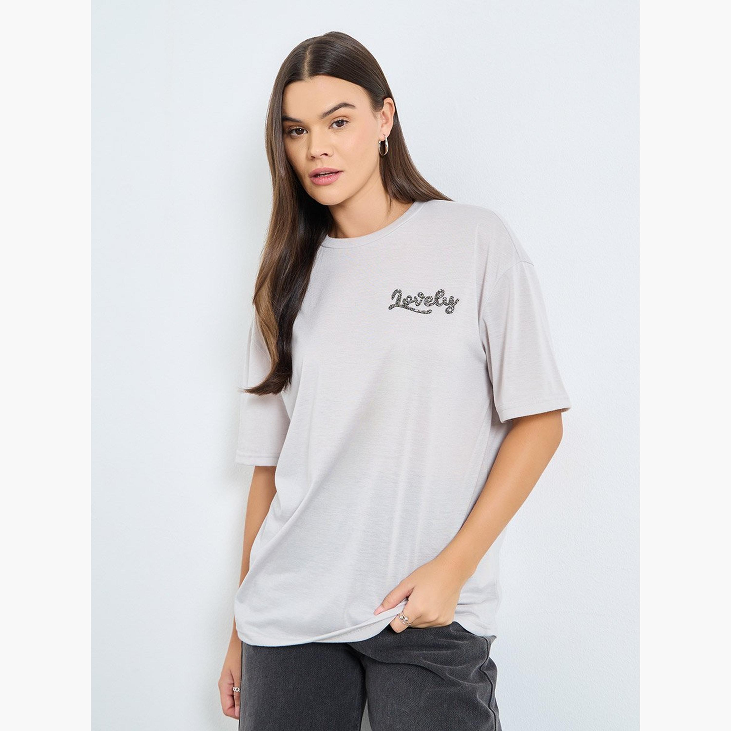 Styli Grey Slogan Detail Oversized T-Shirt-women-clothing-tshirts-image-1