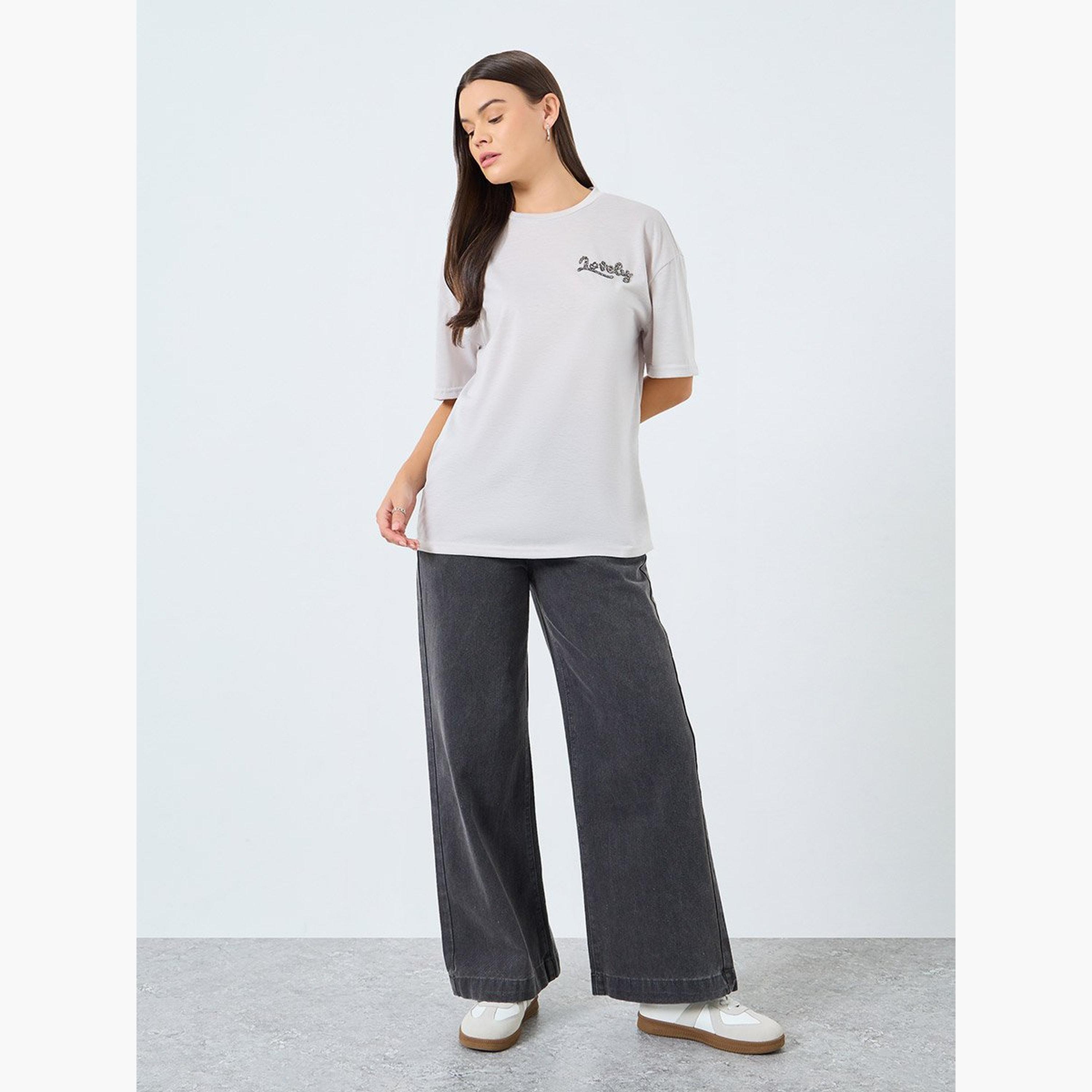 Styli Grey Slogan Detail Oversized T-Shirt-women-clothing-tshirts-image-2