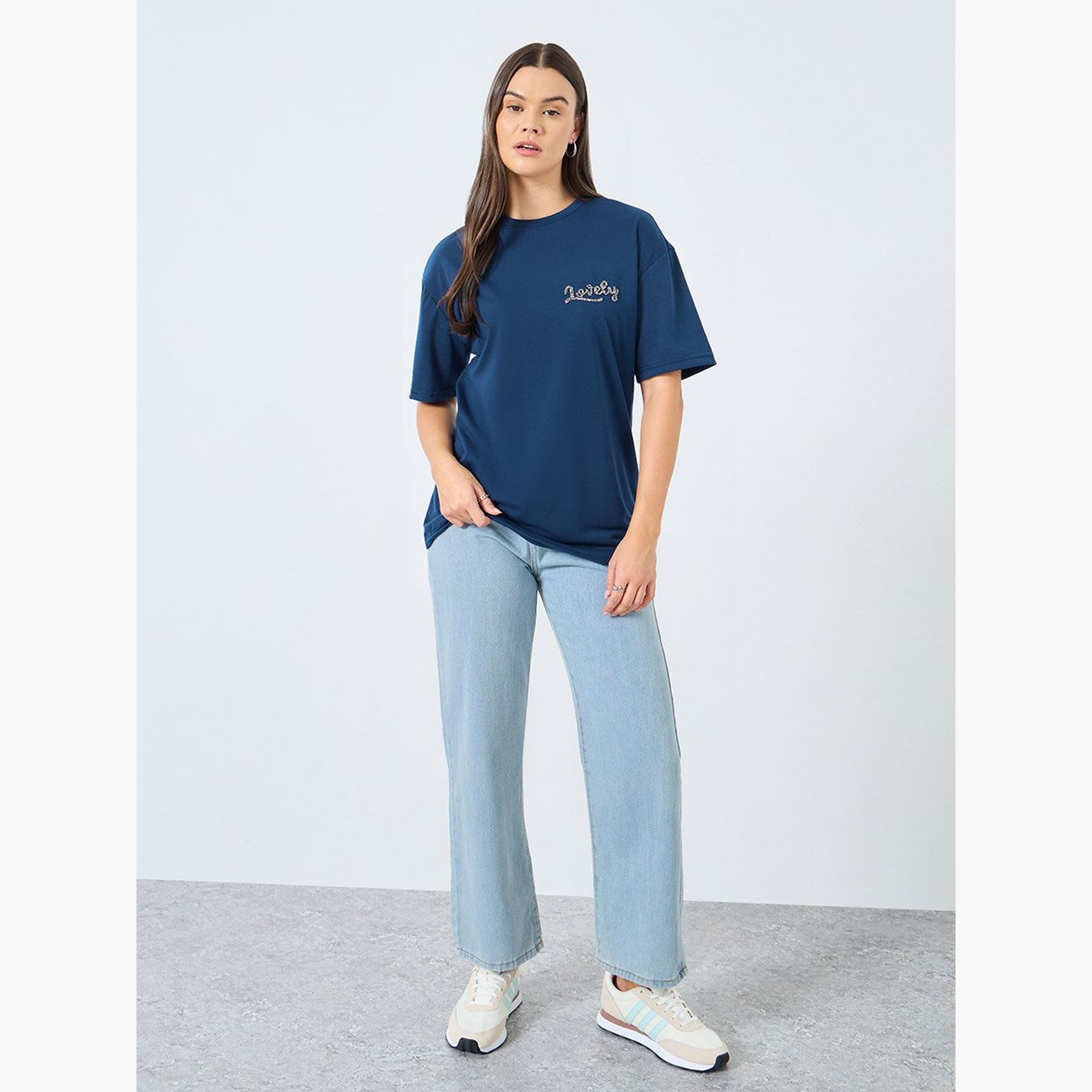 Styli Navy Blue Slogan Detail Oversized T-Shirt-women-clothing-tshirts-image-1