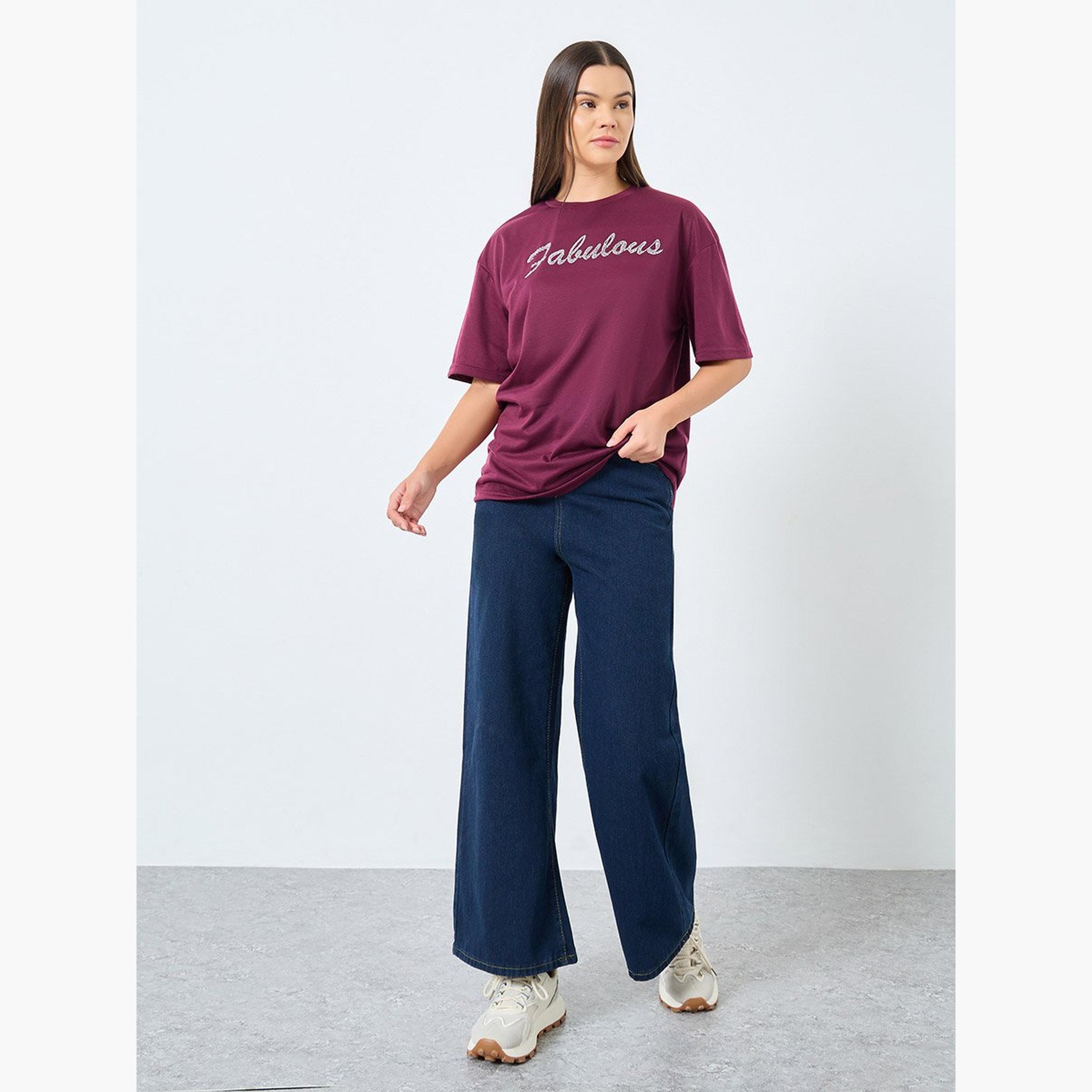 Styli Burgundy Oversized Embellished T-Shirt-women-clothing-tshirts-image-1