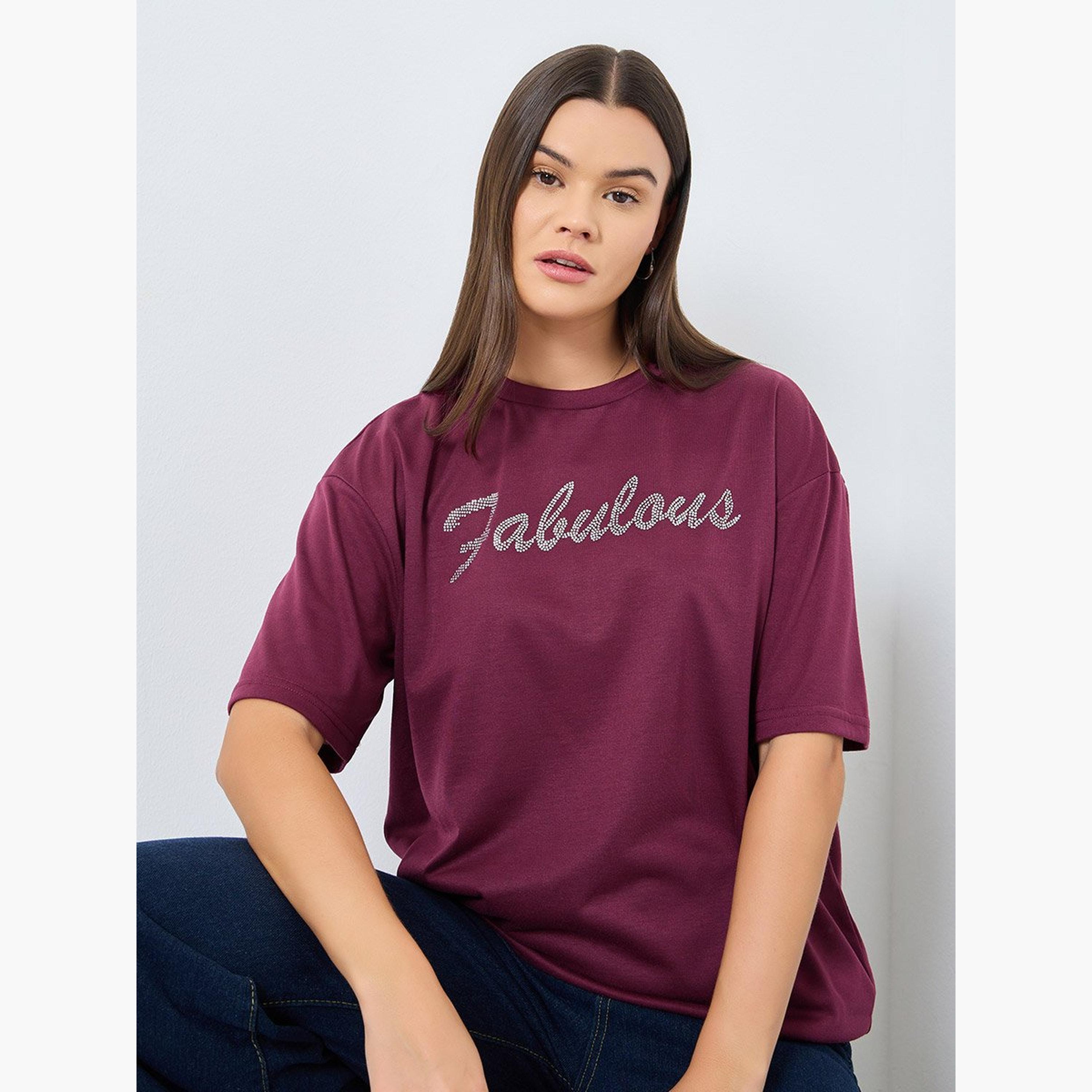 Styli Burgundy Oversized Embellished T-Shirt-women-clothing-tshirts-image-2