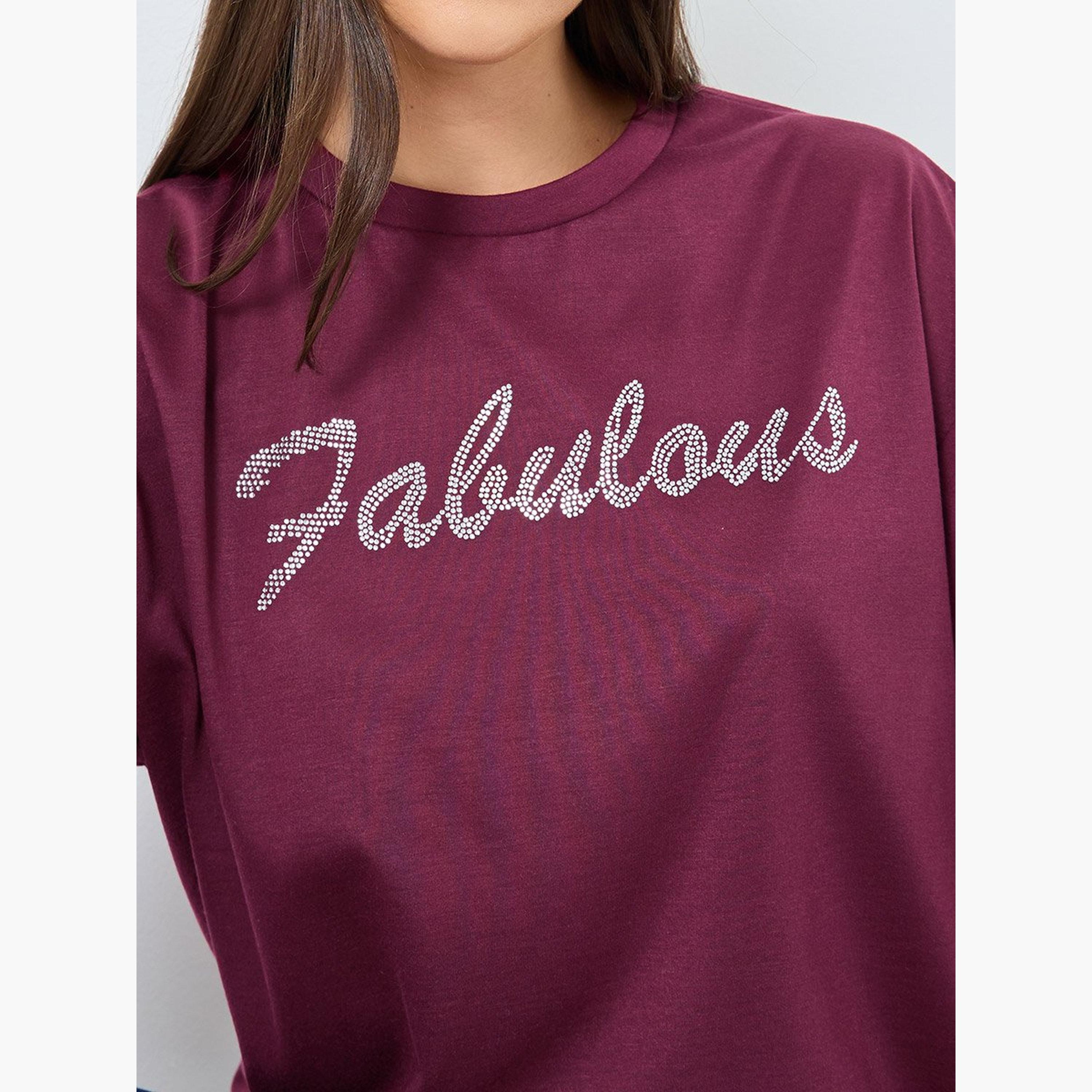 Styli Burgundy Oversized Embellished T-Shirt-women-clothing-tshirts-image-3