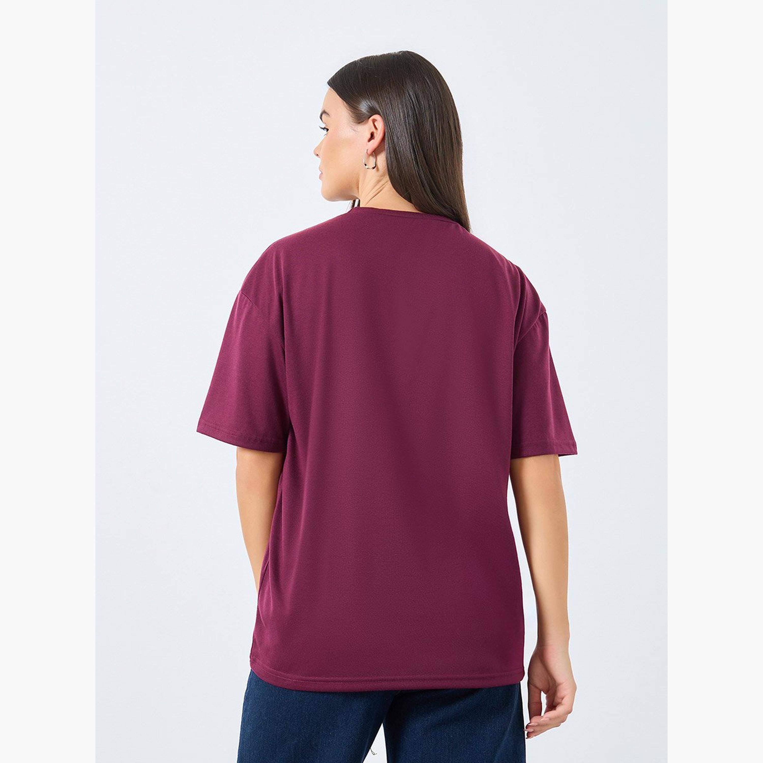Styli Burgundy Oversized Embellished T-Shirt-women-clothing-tshirts-image-4