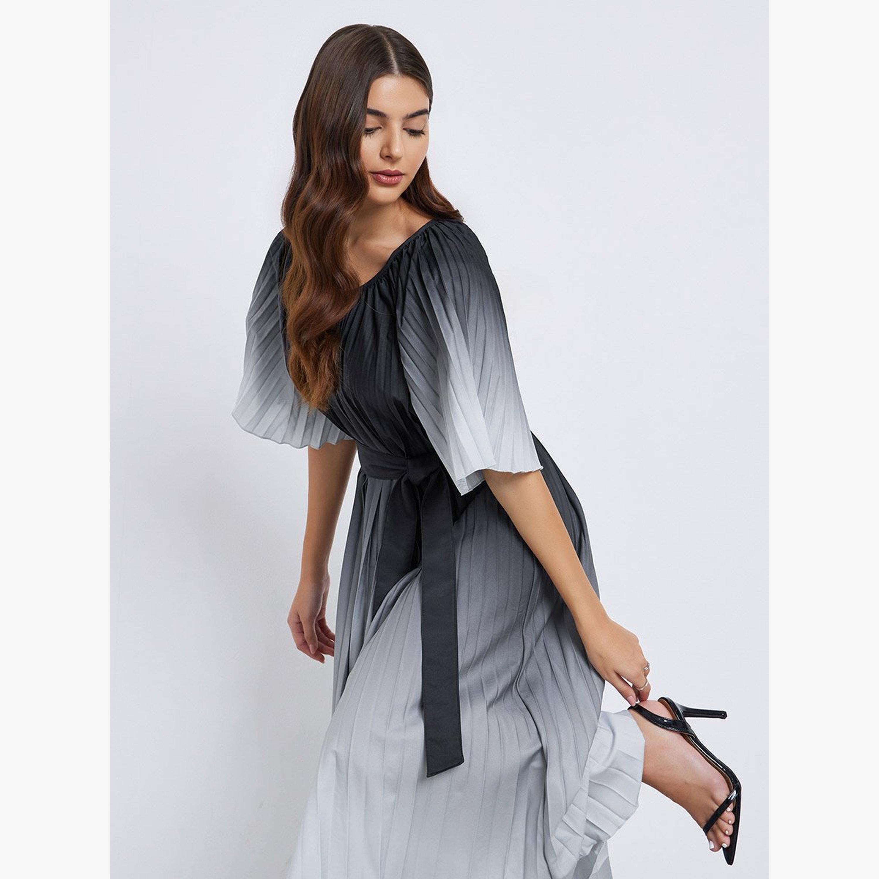 Styli Ambre Print Pleated A-Line Midi Dress-women-clothing-dresses-image-2