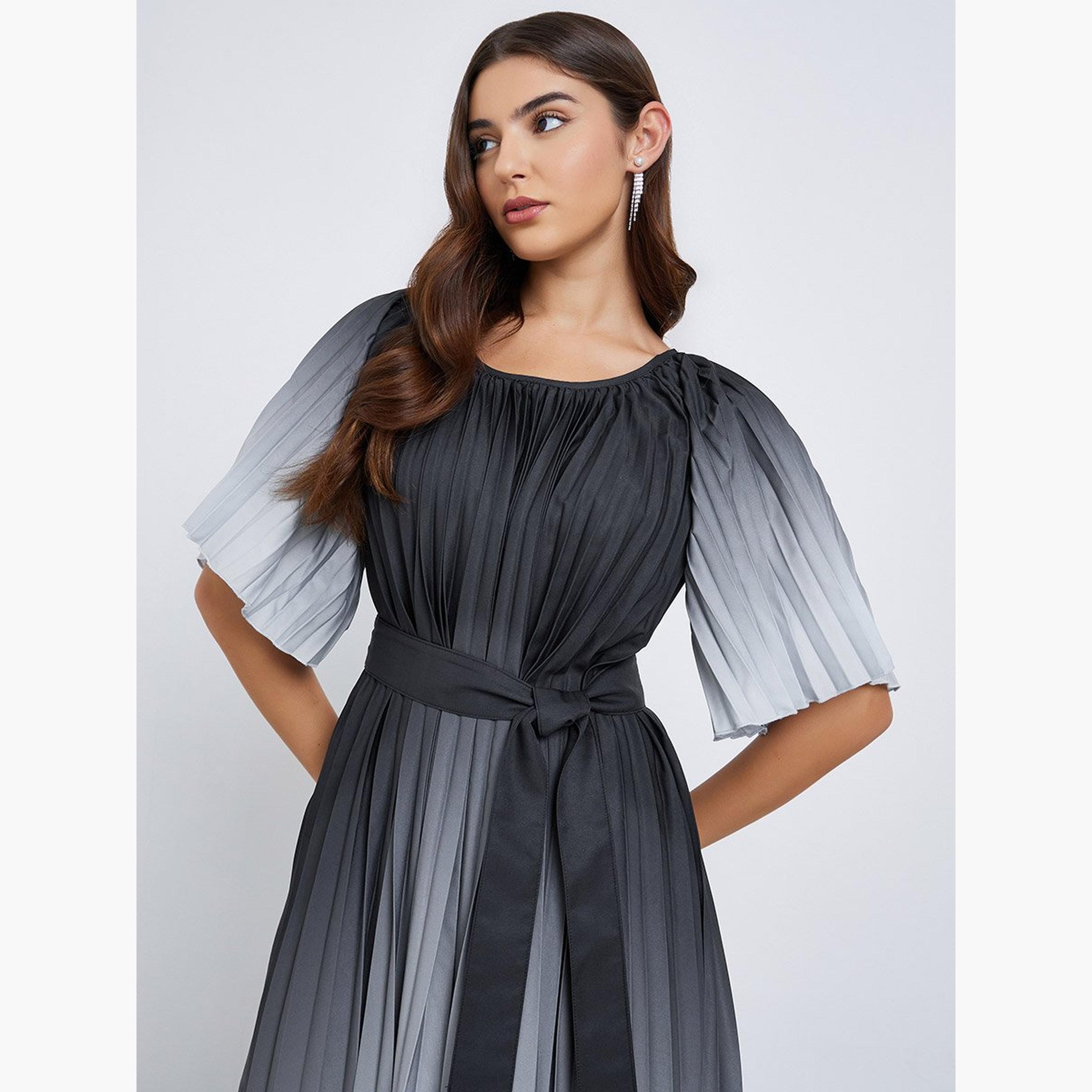 ستايلي - فستان متوسط ​​الطول بطبعة العنبر ومطوي قصة A-women-clothing-dresses-image-3