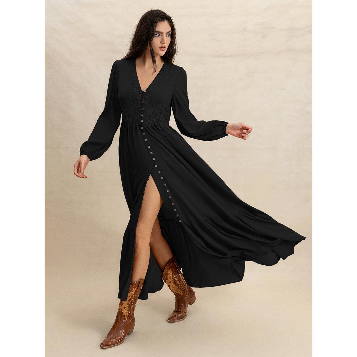 Styli Women Black Maxi Dress with Button Loop-women-clothing-dresses-image-2