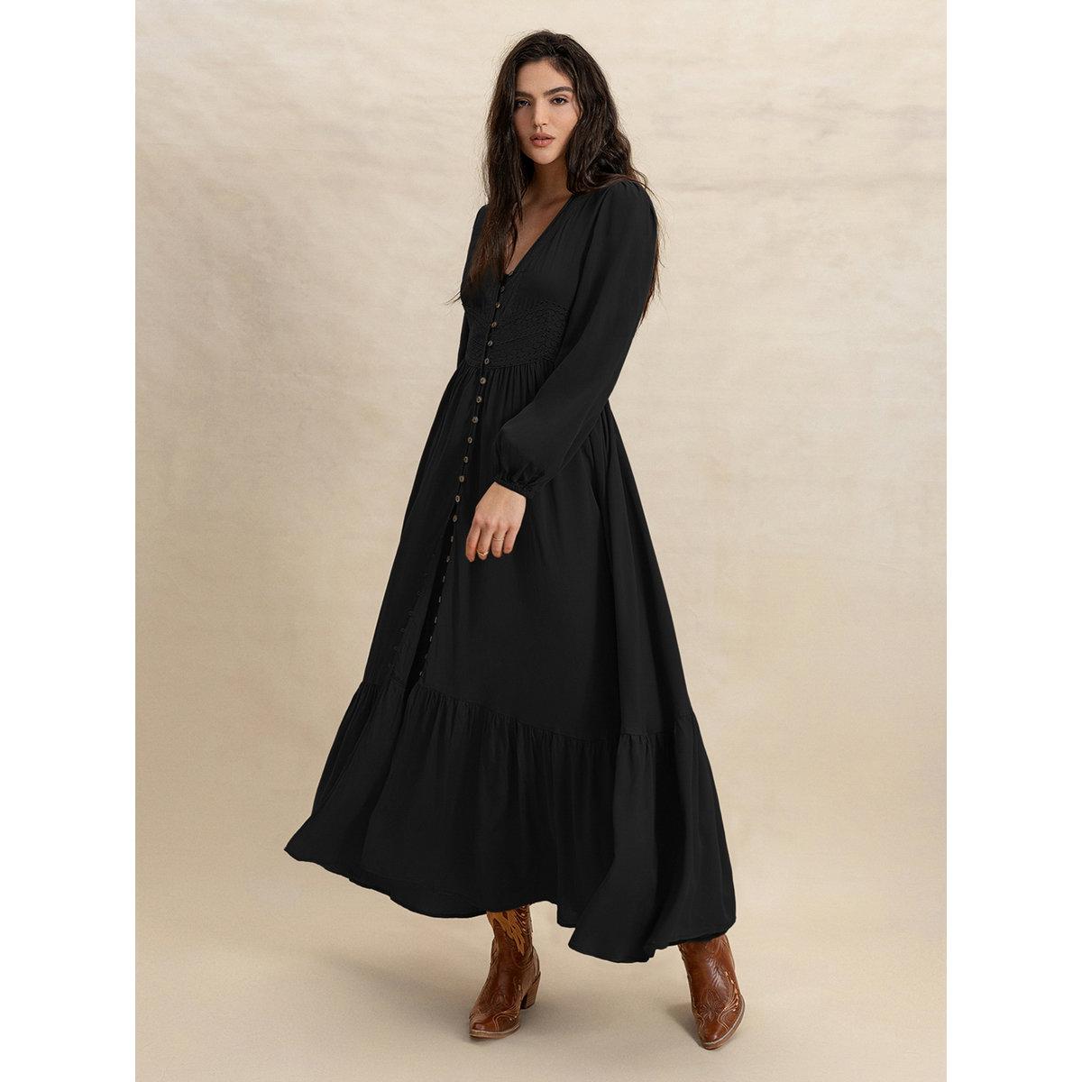 Styli Women Black Maxi Dress with Button Loop-women-clothing-dresses-image-4