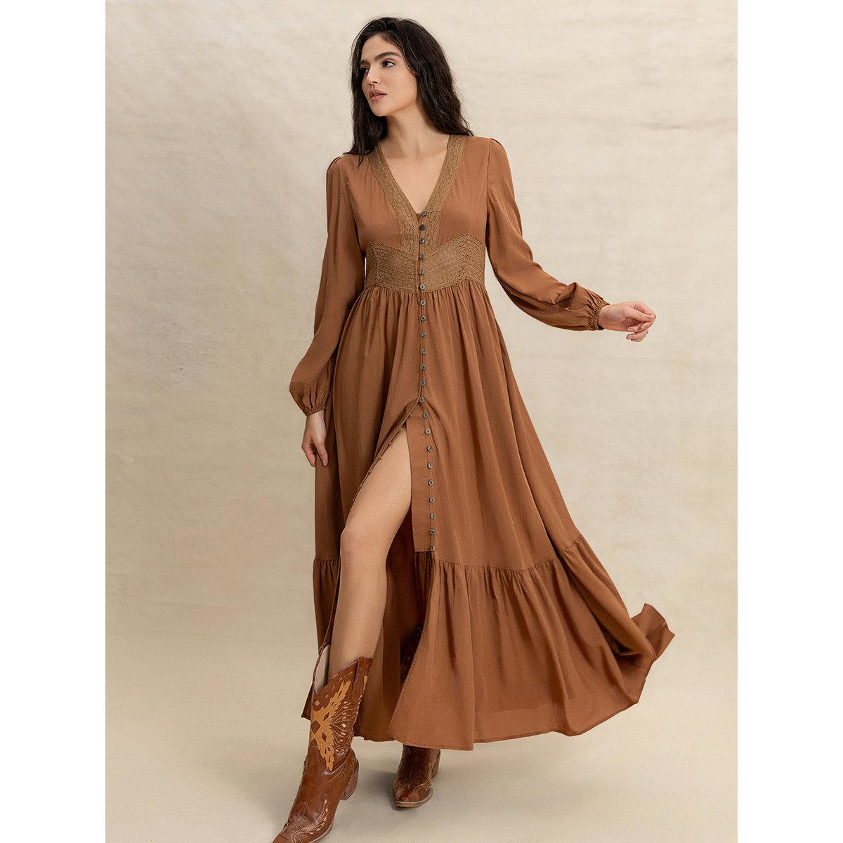 Styli Women Brown Maxi Dress with Button Loop-women-clothing-dresses-image-1