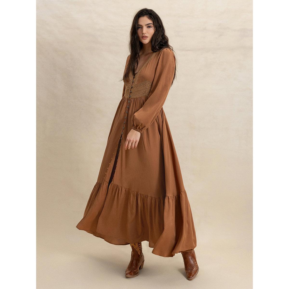 Styli Women Brown Maxi Dress with Button Loop-women-clothing-dresses-image-2