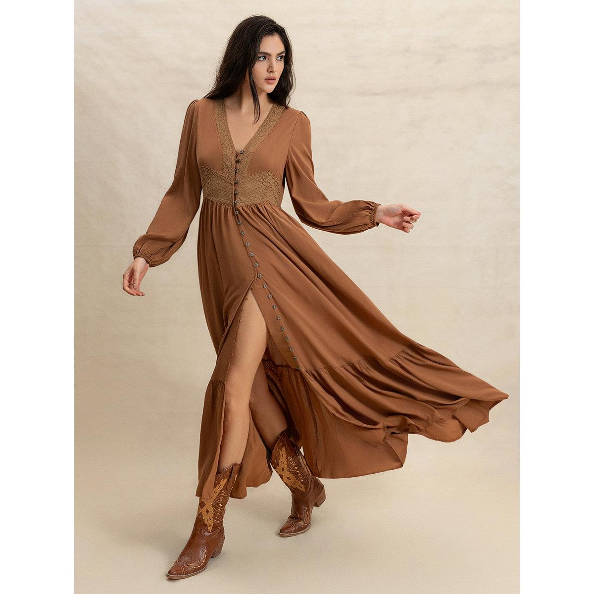 Styli Women Brown Maxi Dress with Button Loop-women-clothing-dresses-image-3