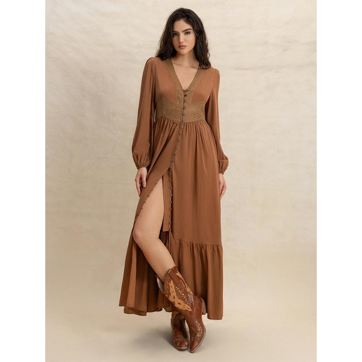 Styli Women Brown Maxi Dress with Button Loop-women-clothing-dresses-image-4
