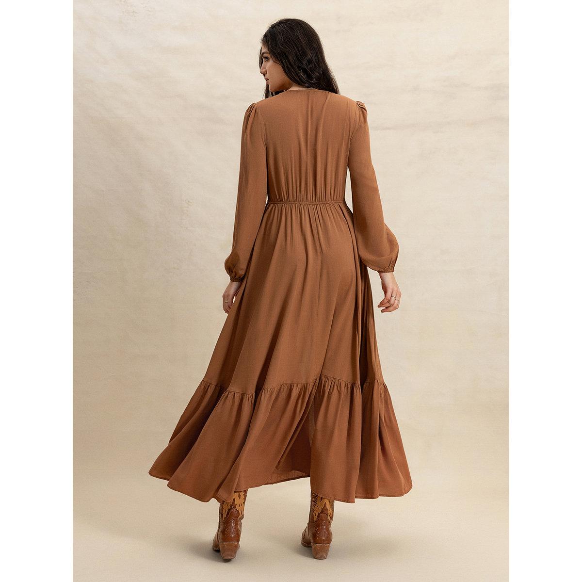 Styli Women Brown Maxi Dress with Button Loop-women-clothing-dresses-image-5
