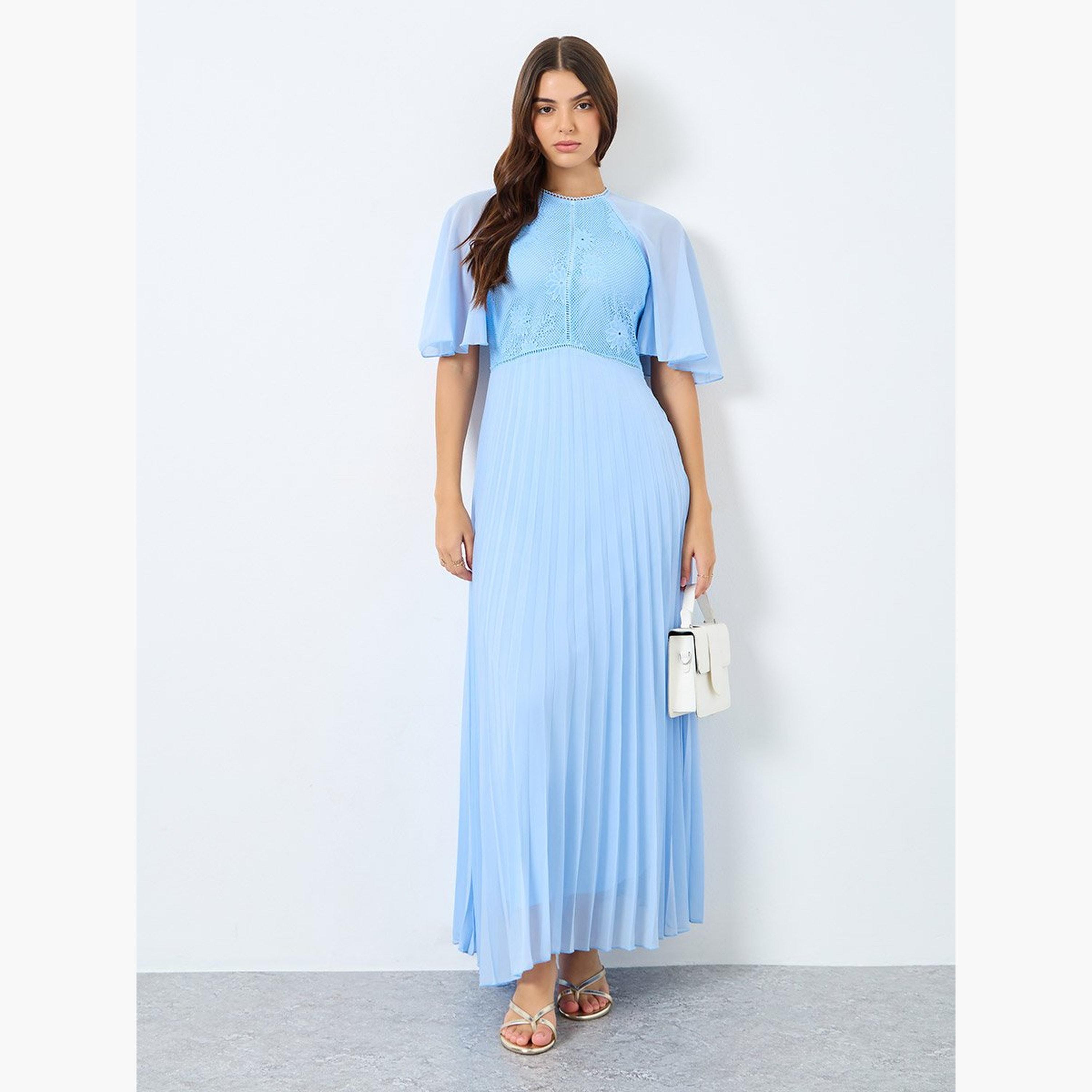 ستايلي - فستان ماكسي بأكمام قصيرة وثنيات قصة A-women-clothing-dresses-image-1