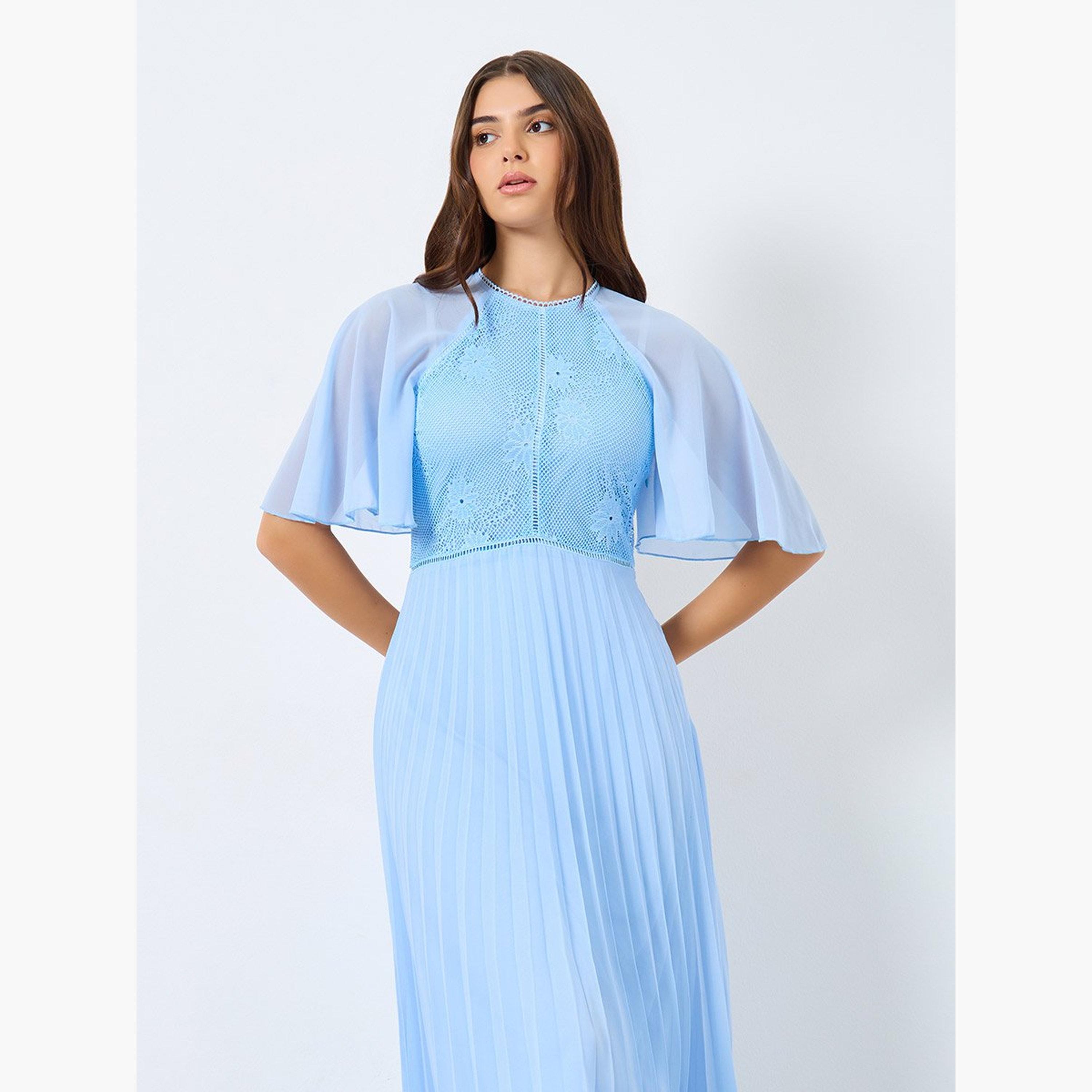 ستايلي - فستان ماكسي بأكمام قصيرة وثنيات قصة A-women-clothing-dresses-image-2