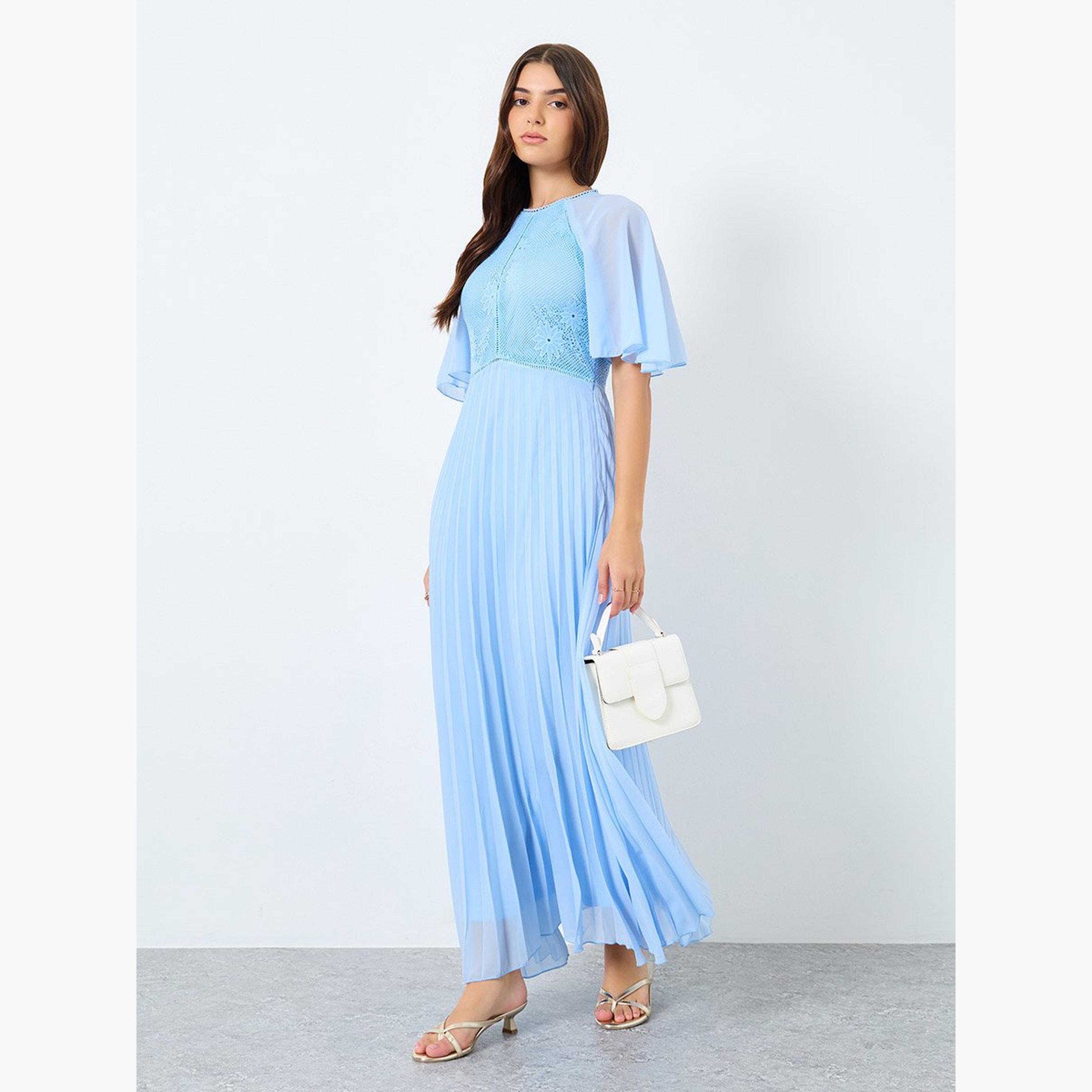 ستايلي - فستان ماكسي بأكمام قصيرة وثنيات قصة A-women-clothing-dresses-image-3