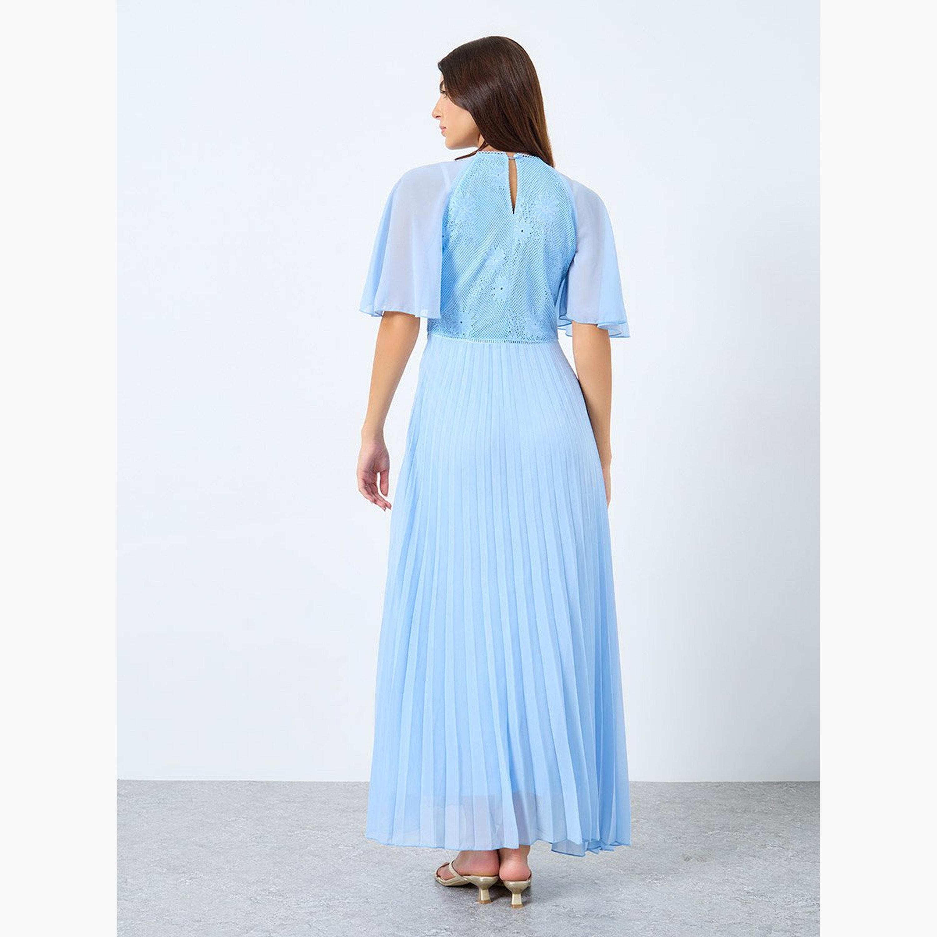 ستايلي - فستان ماكسي بأكمام قصيرة وثنيات قصة A-women-clothing-dresses-image-5