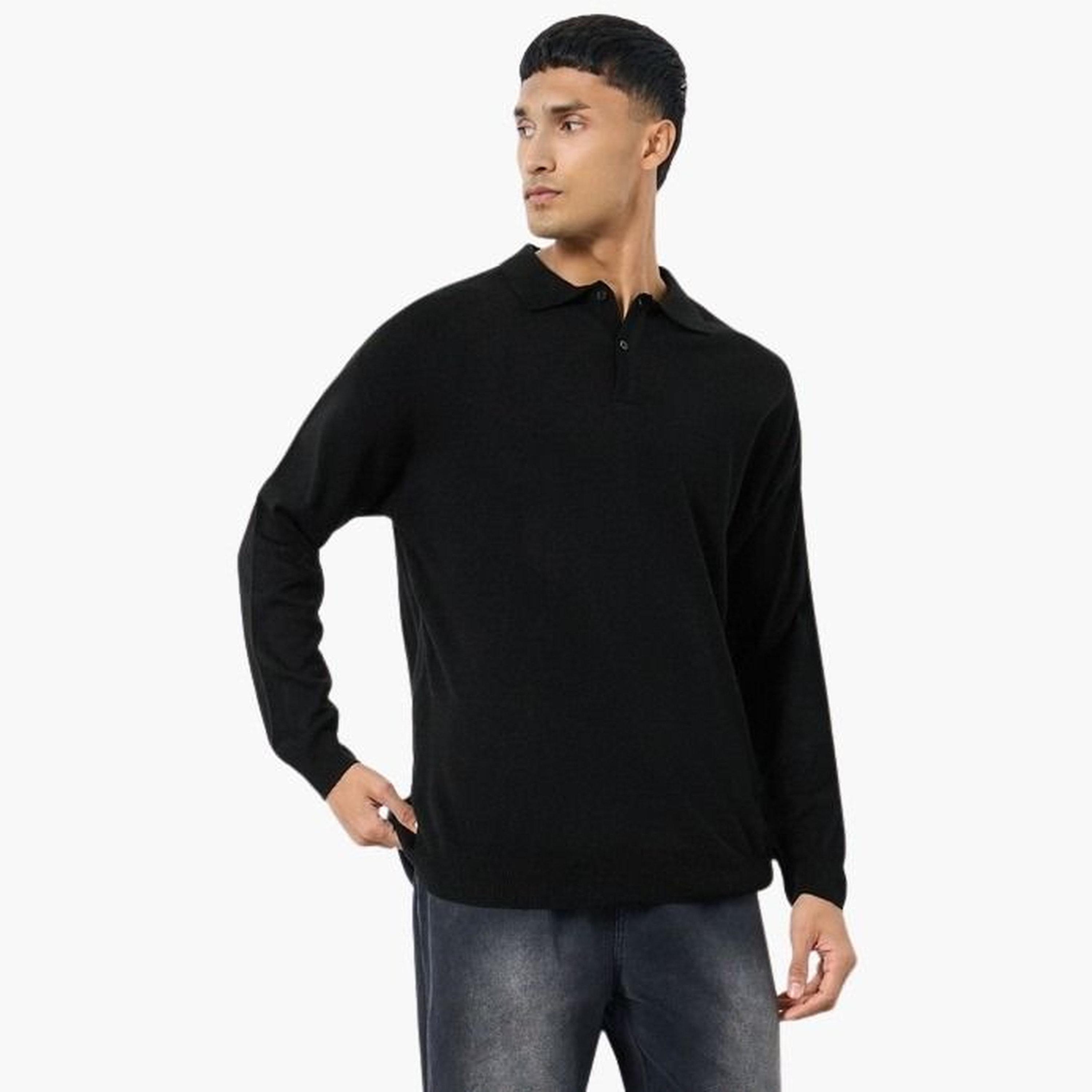Styli Black Knitted Collared Long Sleeve Men's Polo Sweater-men-clothing-sweatersandpullovers-image-1