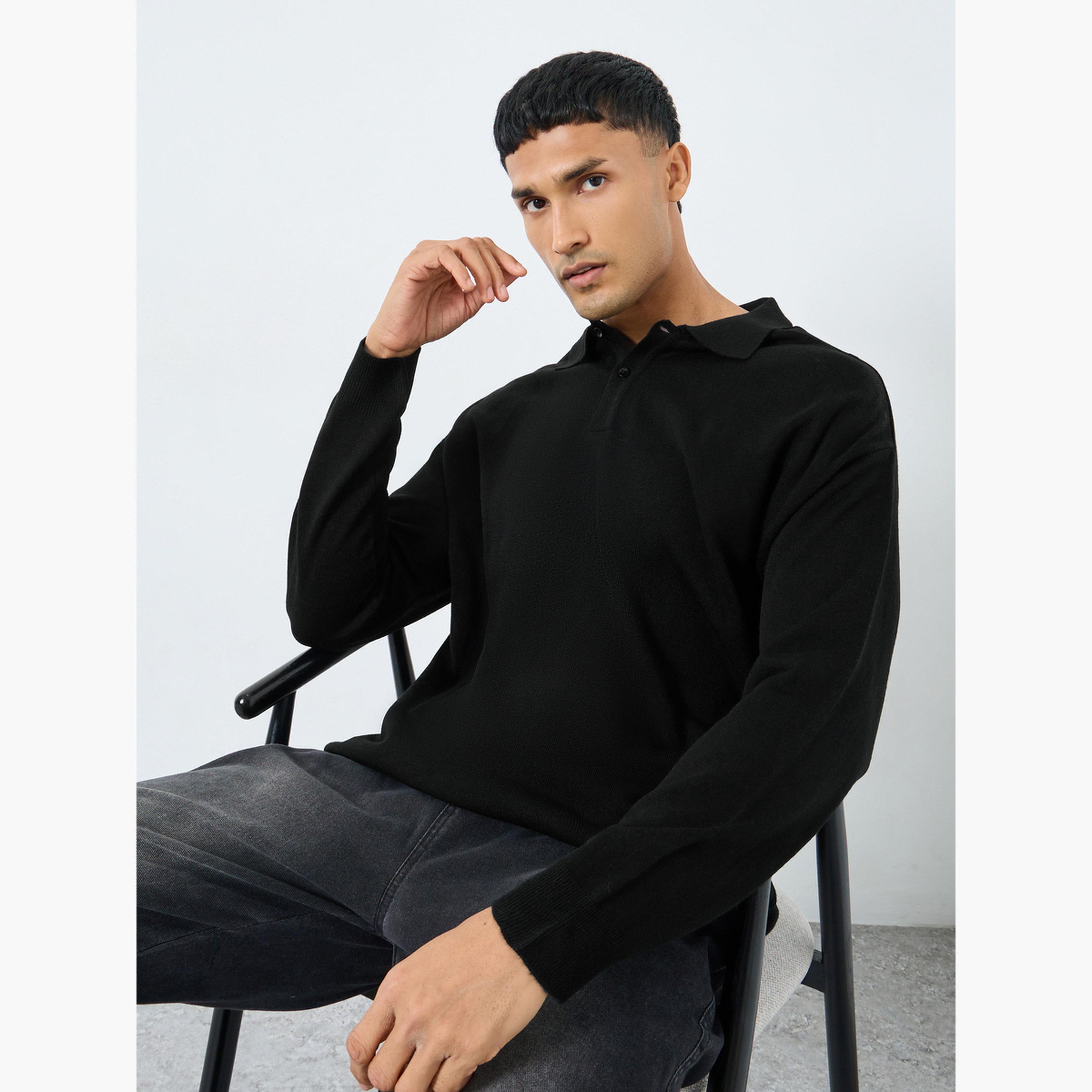 Styli Black Knitted Collared Long Sleeve Men's Polo Sweater-men-clothing-sweatersandpullovers-image-2