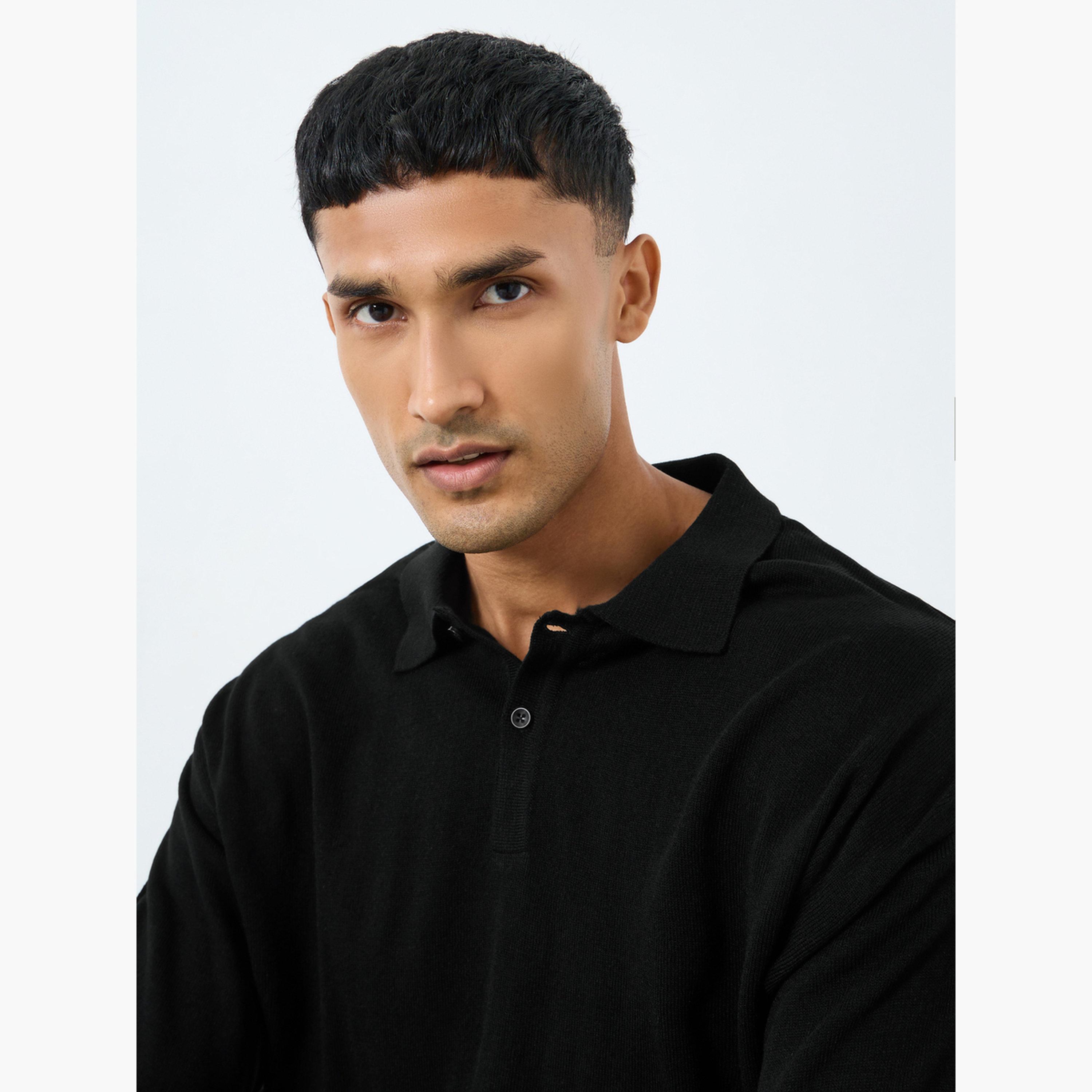 Styli Black Knitted Collared Long Sleeve Men's Polo Sweater-men-clothing-sweatersandpullovers-image-3