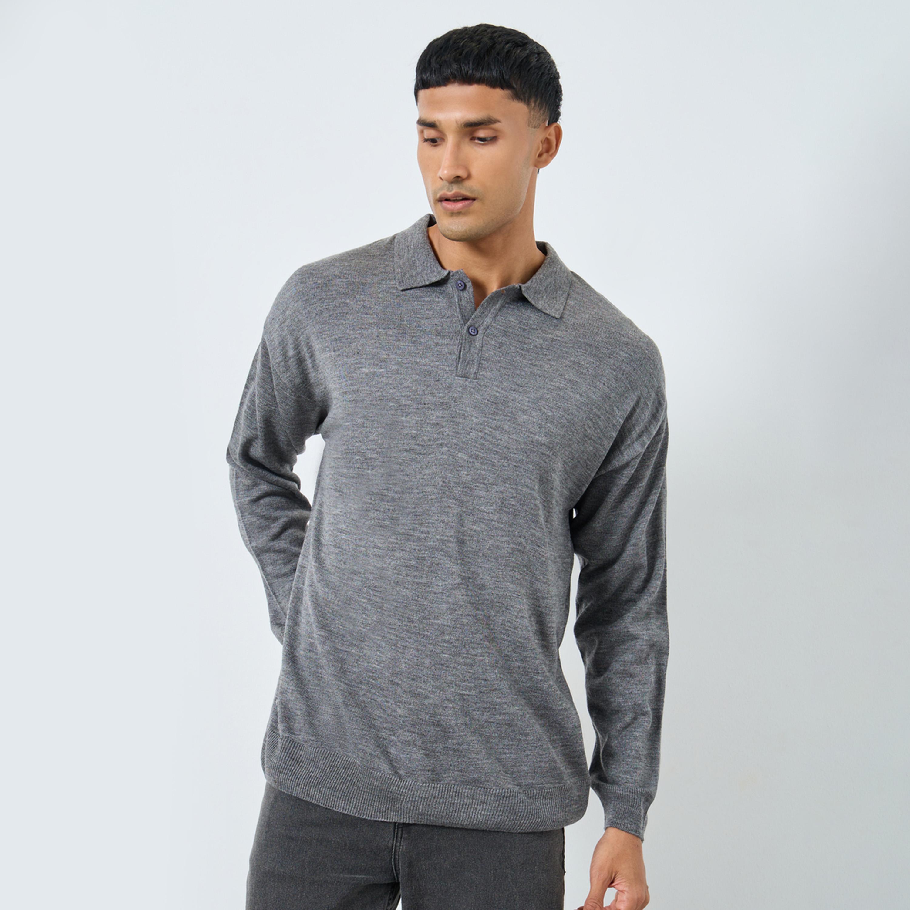 Styli Men Grey Knitted Relaxed Fit Polo Sweater-men-clothing-sweatersandpullovers-image-1