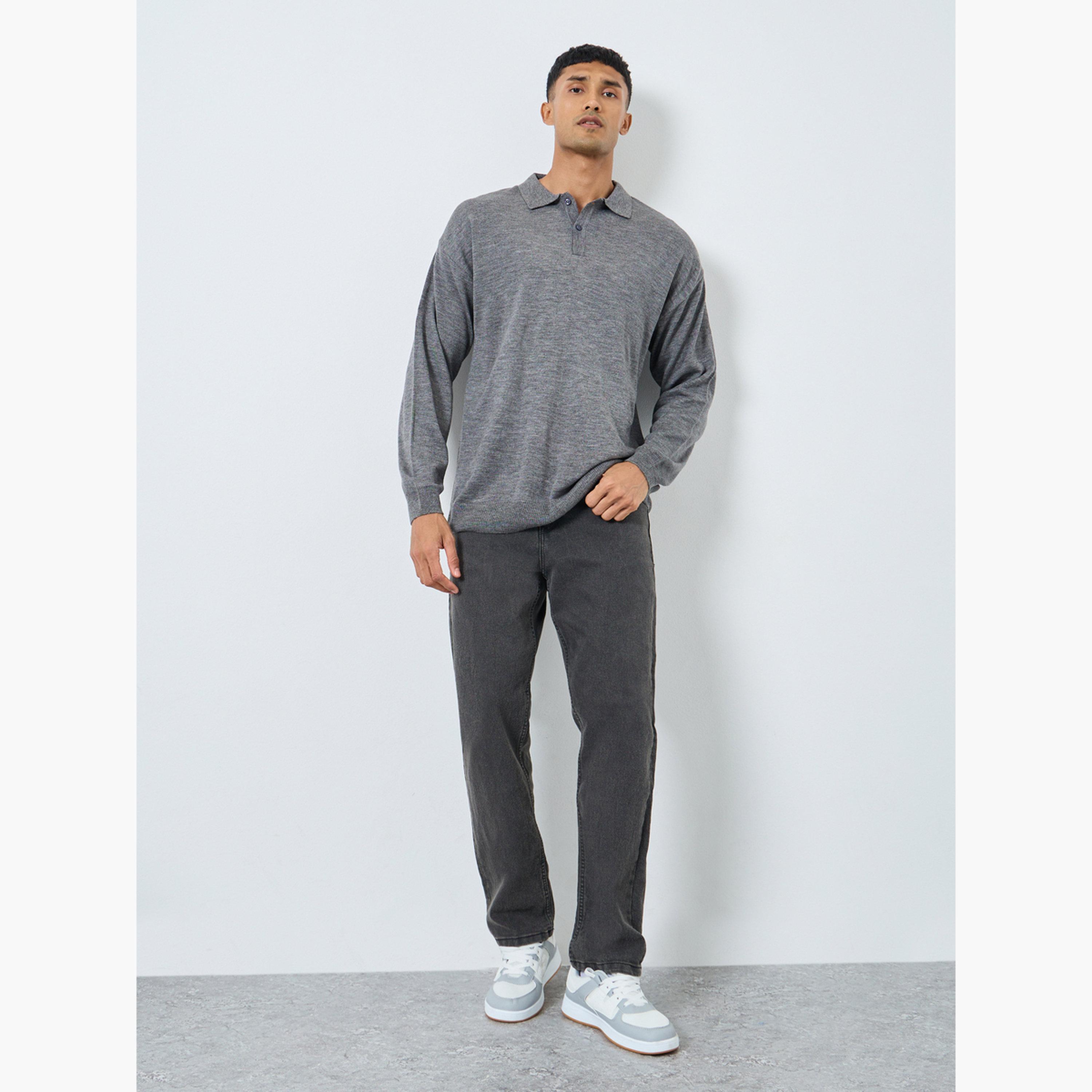Styli Men Grey Knitted Relaxed Fit Polo Sweater-men-clothing-sweatersandpullovers-image-2