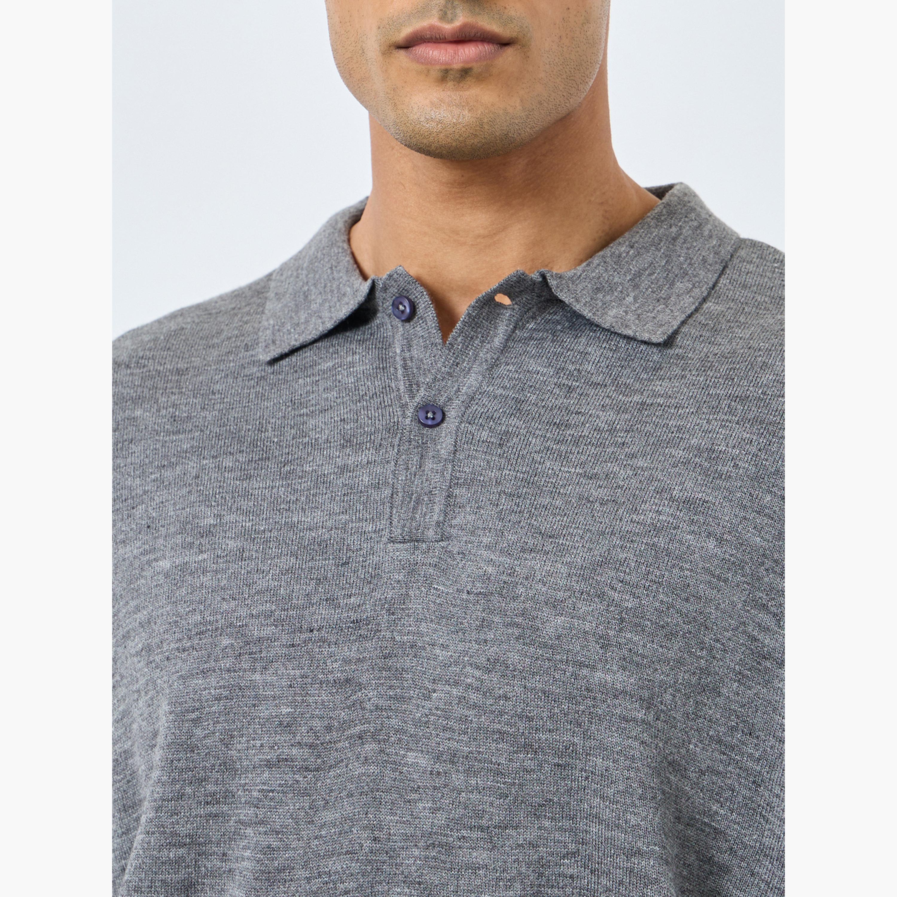 Styli Men Grey Knitted Relaxed Fit Polo Sweater-men-clothing-sweatersandpullovers-image-4