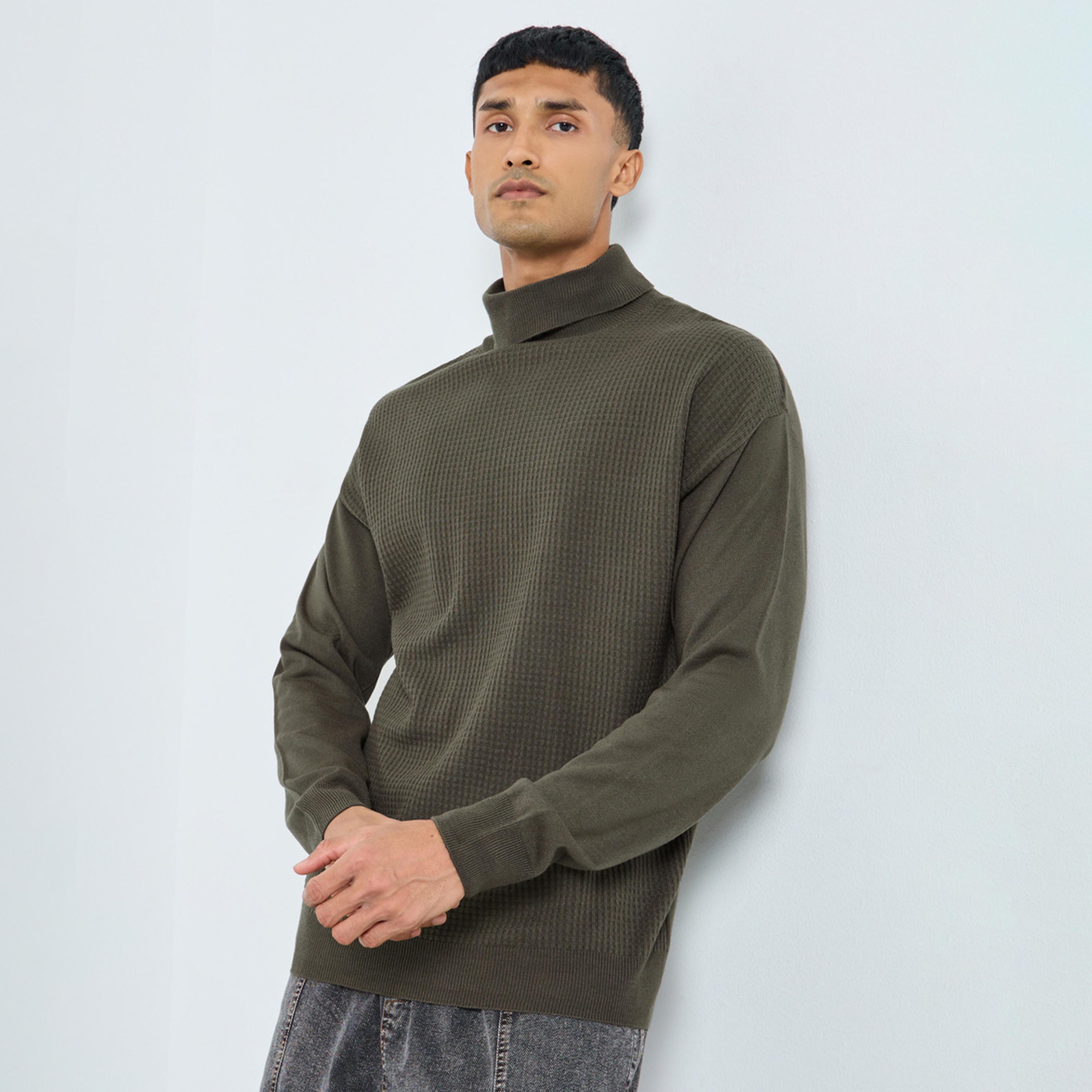 Styli Men Olive Turtle Neck Relaxed Fit Knit Sweater-men-clothing-sweatersandpullovers-image-1