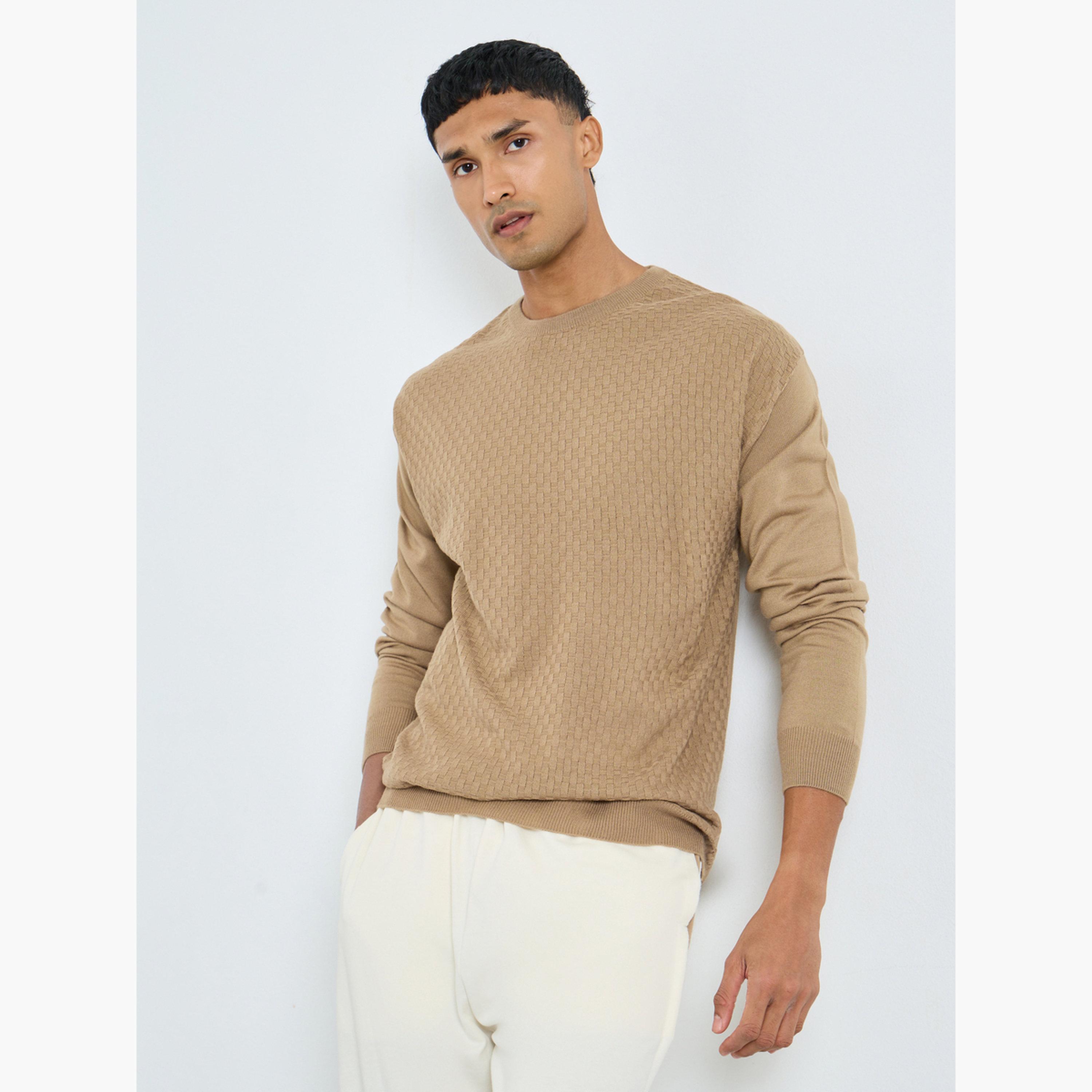 Styli Texture Knit Relaxed Fit Round Neck Long Sleeves Men's Sweater-men-clothing-sweatersandpullovers-image-1
