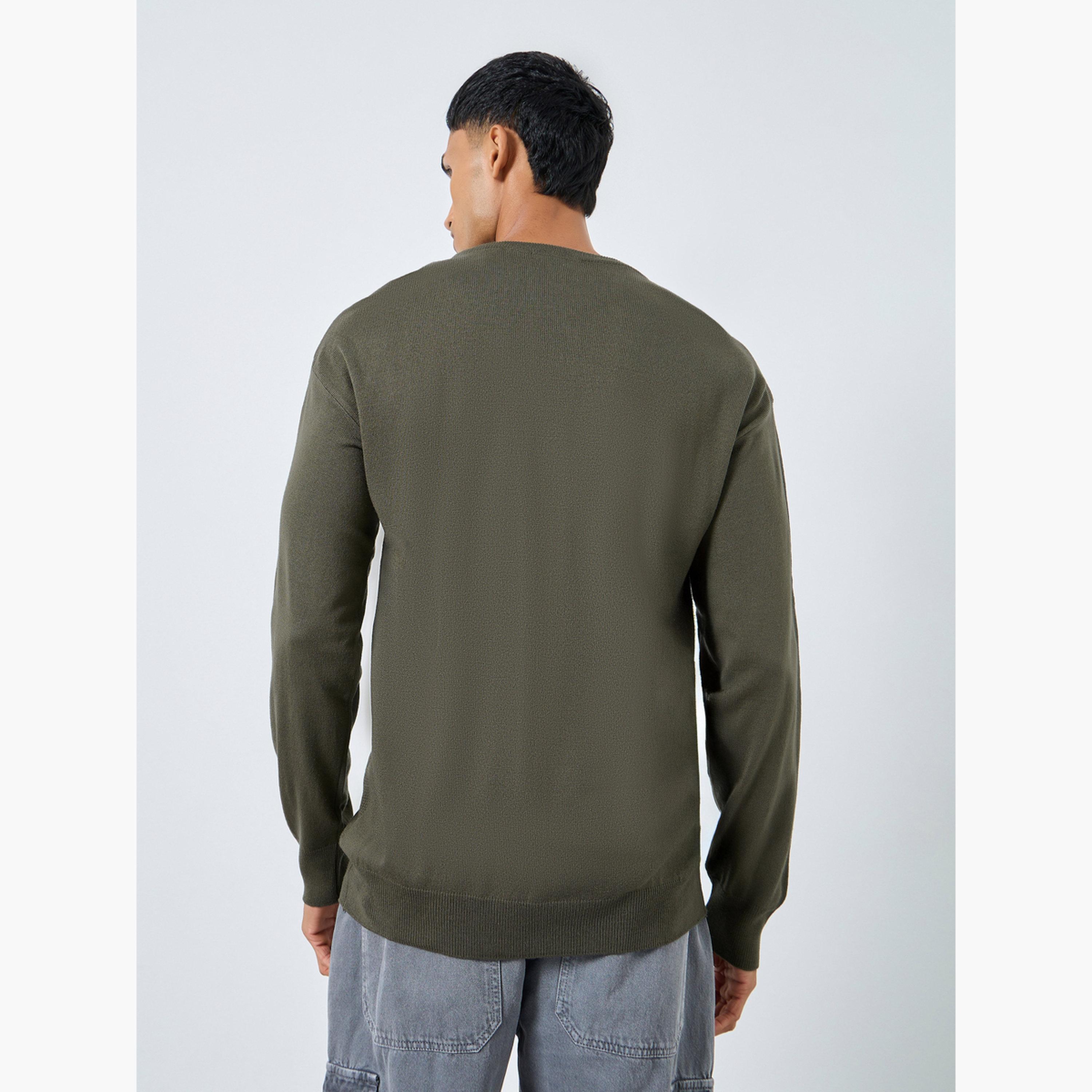 Styli Olive Green Diamond Knit Round Neck Long Sleeves Men's Sweater-men-clothing-sweatersandpullovers-image-4