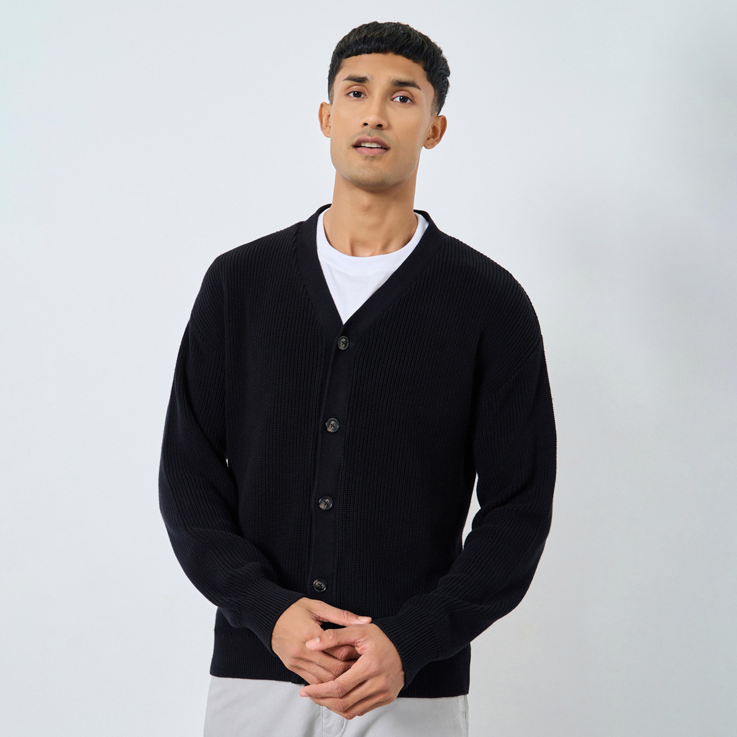 Styli Men Black Knit Cardigan with Button Placket-men-clothing-sweatersandpullovers-image-1