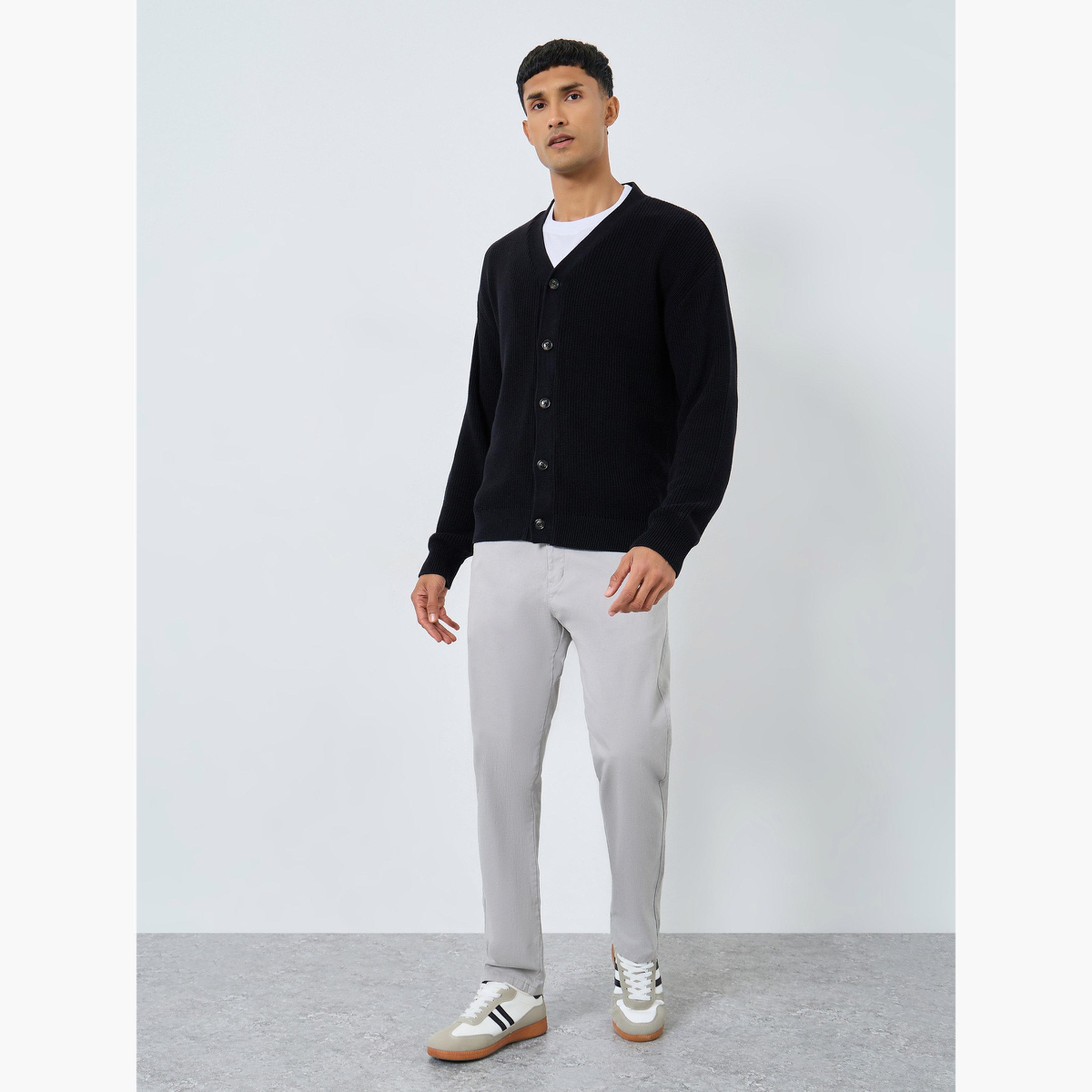 Styli Men Black Knit Cardigan with Button Placket-men-clothing-sweatersandpullovers-image-2