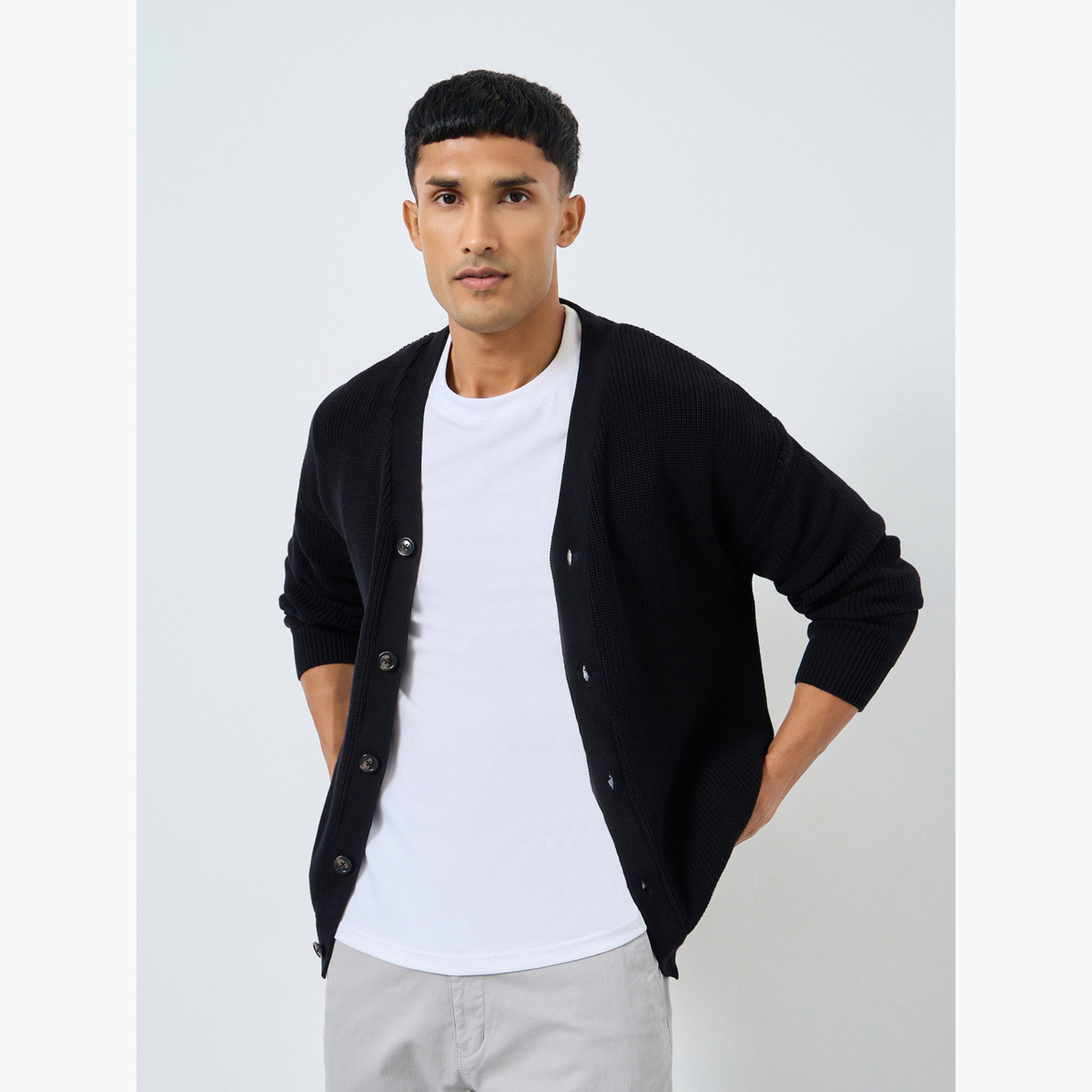 Styli Men Black Knit Cardigan with Button Placket-men-clothing-sweatersandpullovers-image-3