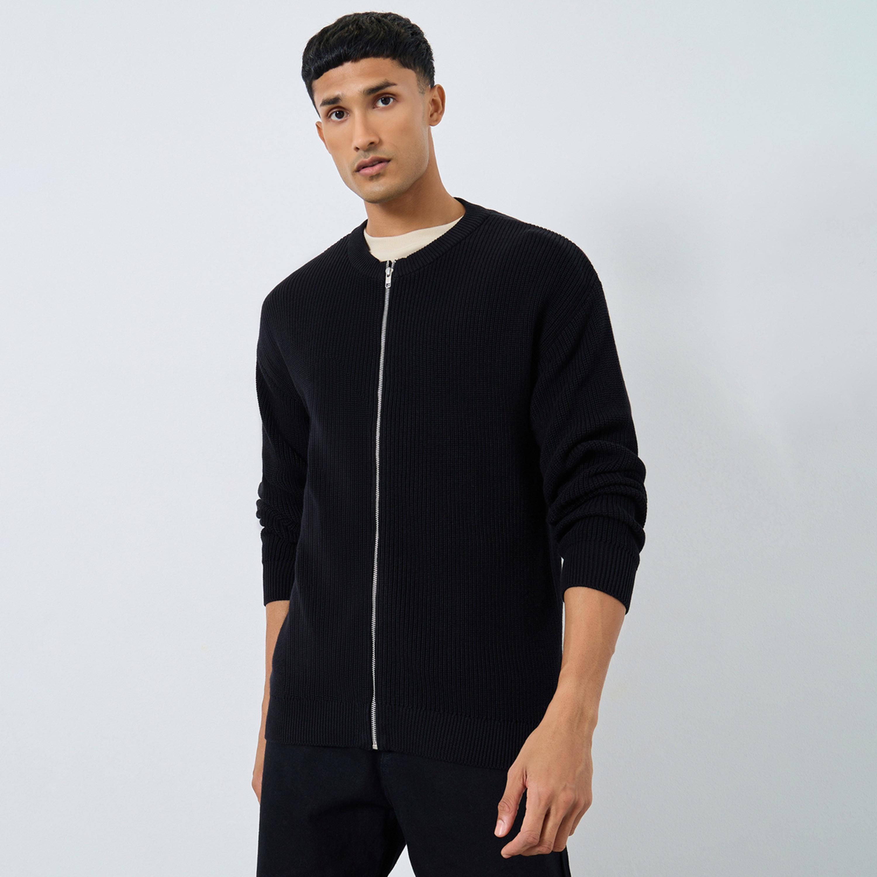 Styli Men Black Knit Cardigan with Front Zip-men-clothing-sweatersandpullovers-image-1