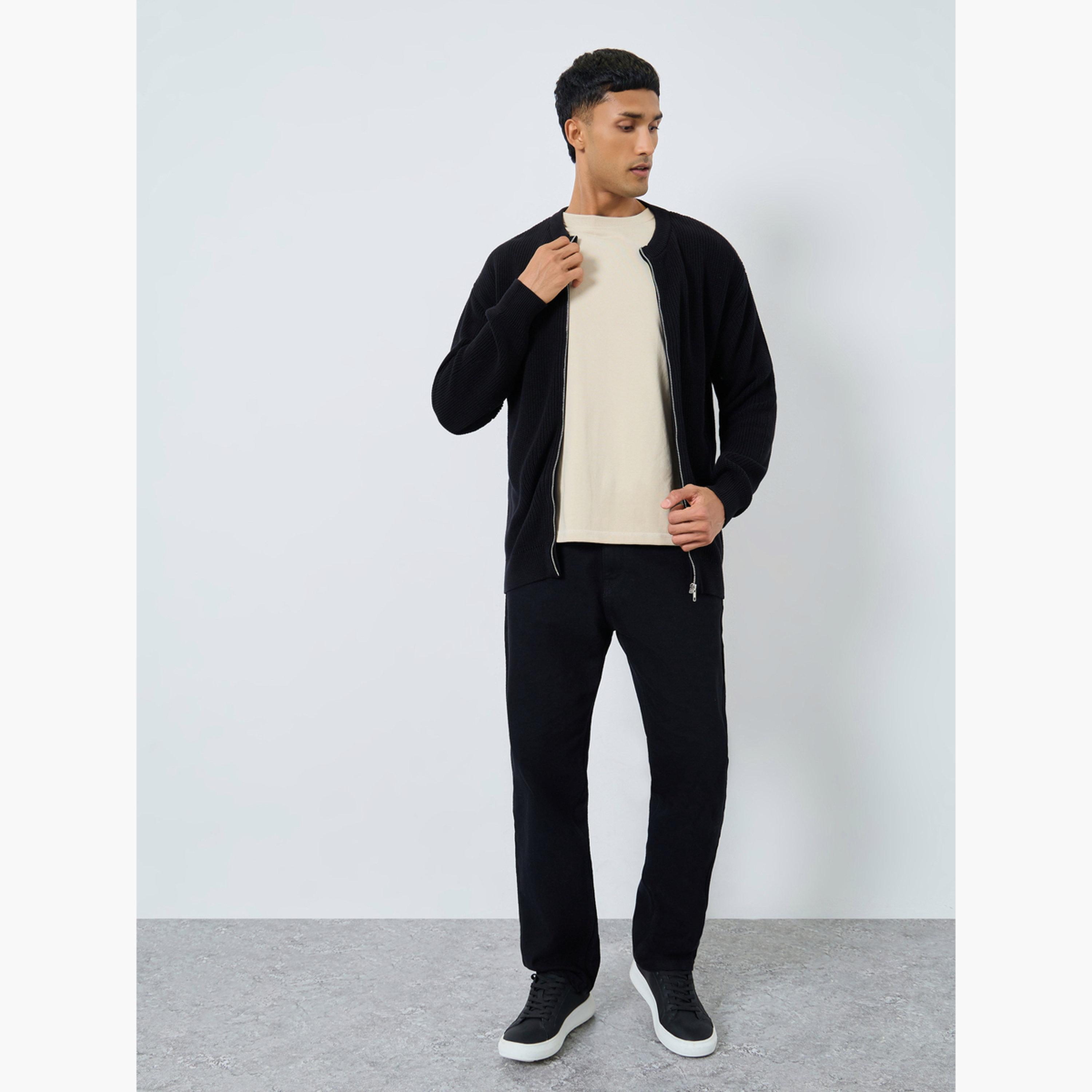 Styli Men Black Knit Cardigan with Front Zip-men-clothing-sweatersandpullovers-image-2