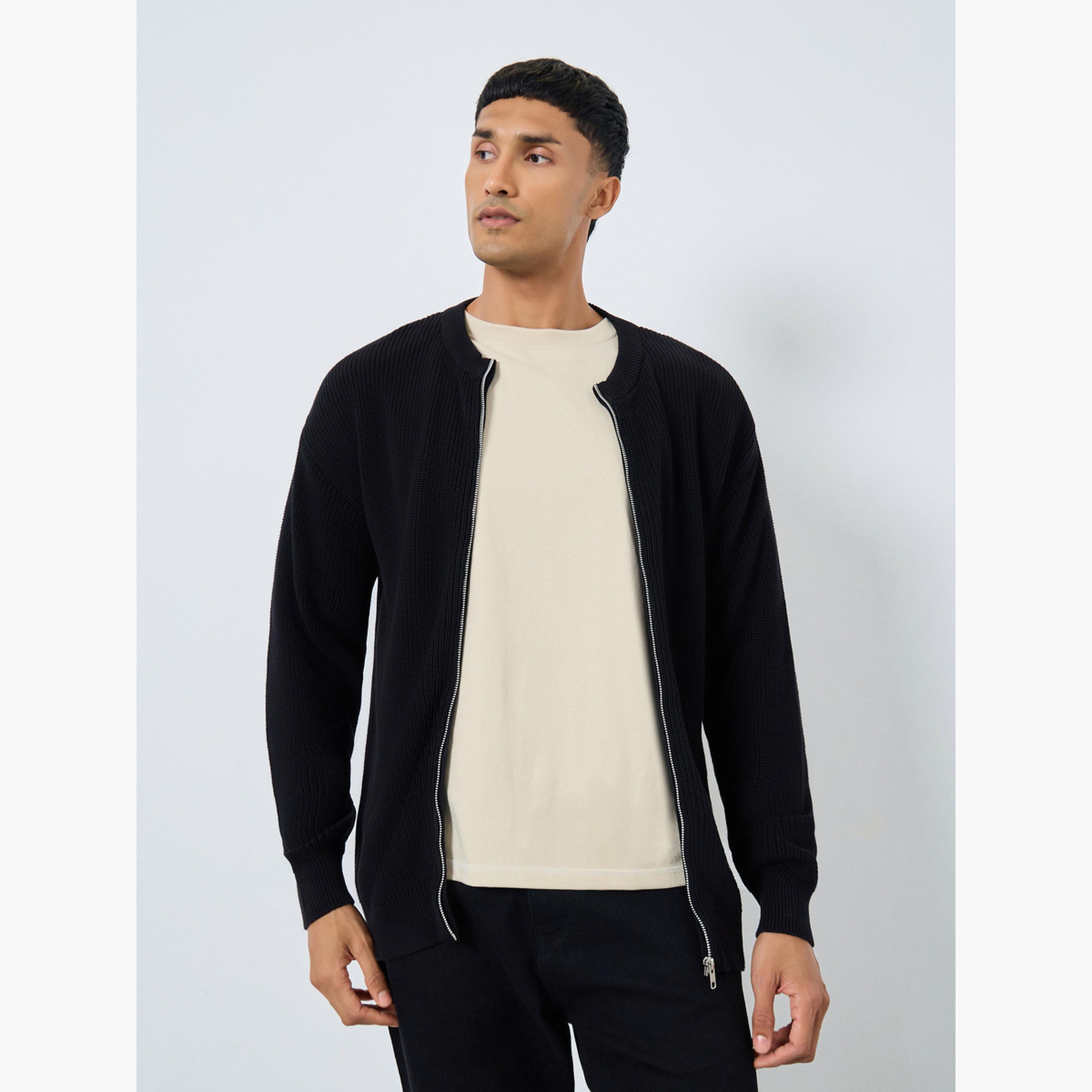Styli Men Black Knit Cardigan with Front Zip-men-clothing-sweatersandpullovers-image-3
