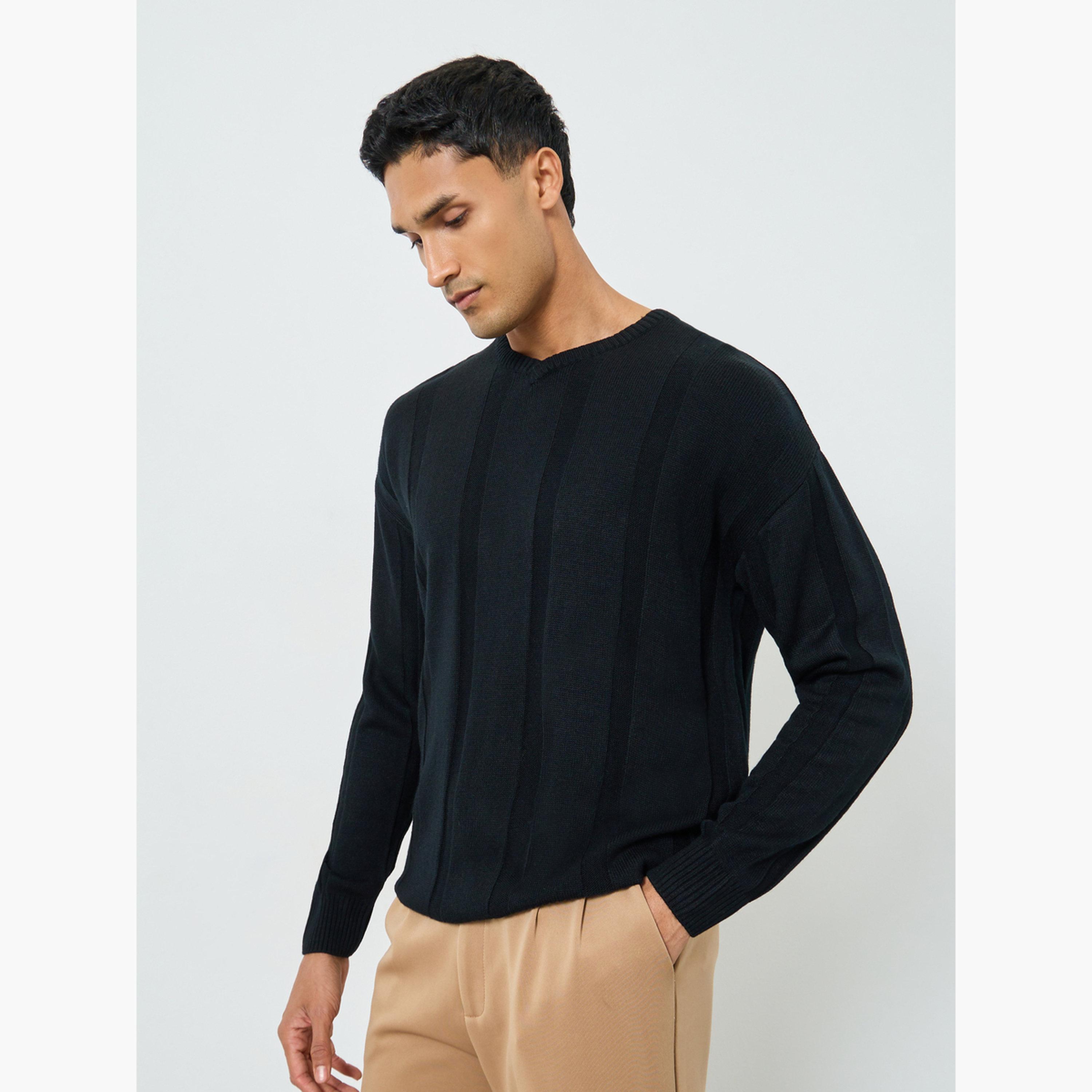 Styli Men Black Ribbed Oversized Sweater-men-clothing-sweatersandpullovers-image-1