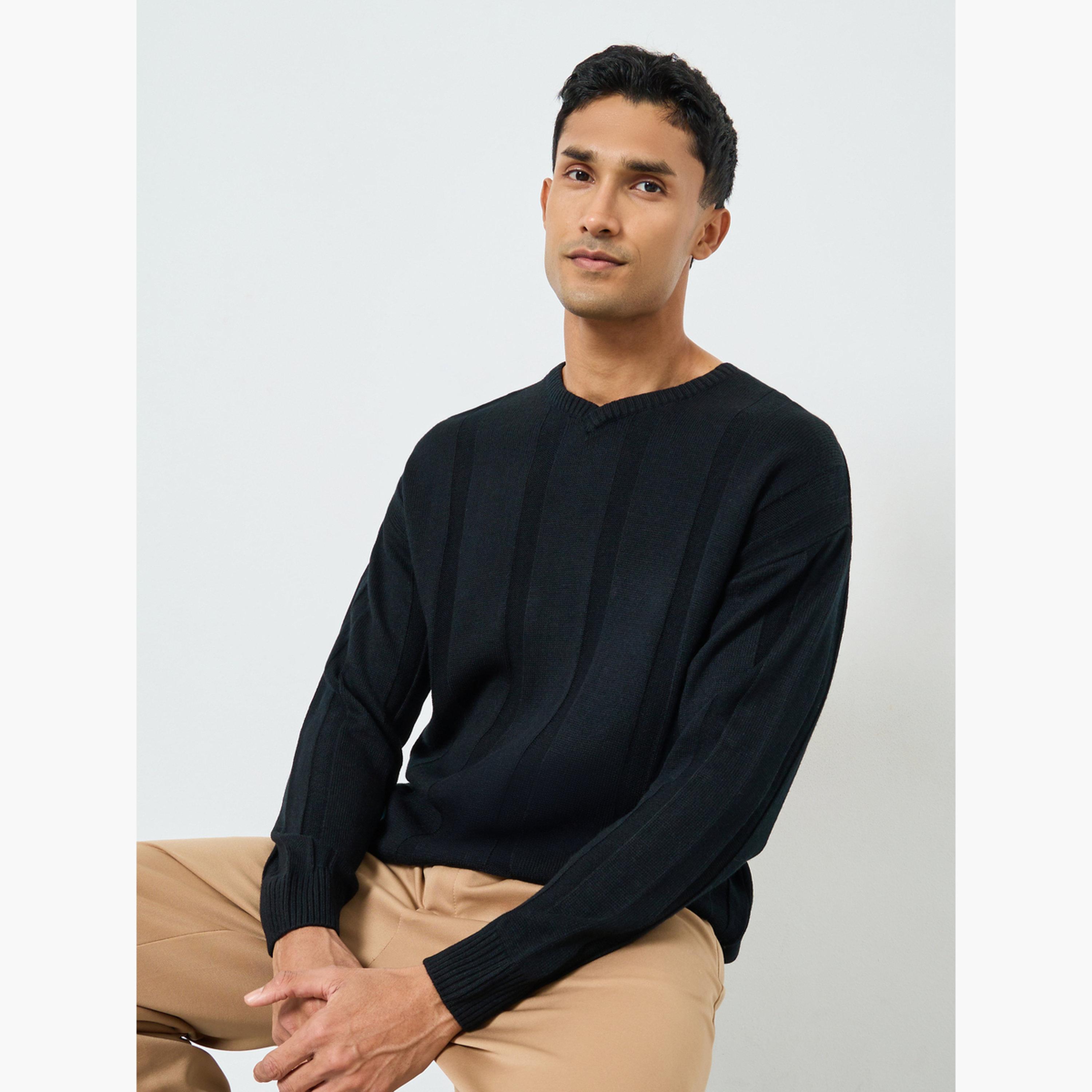 Styli Men Black Ribbed Oversized Sweater-men-clothing-sweatersandpullovers-image-3