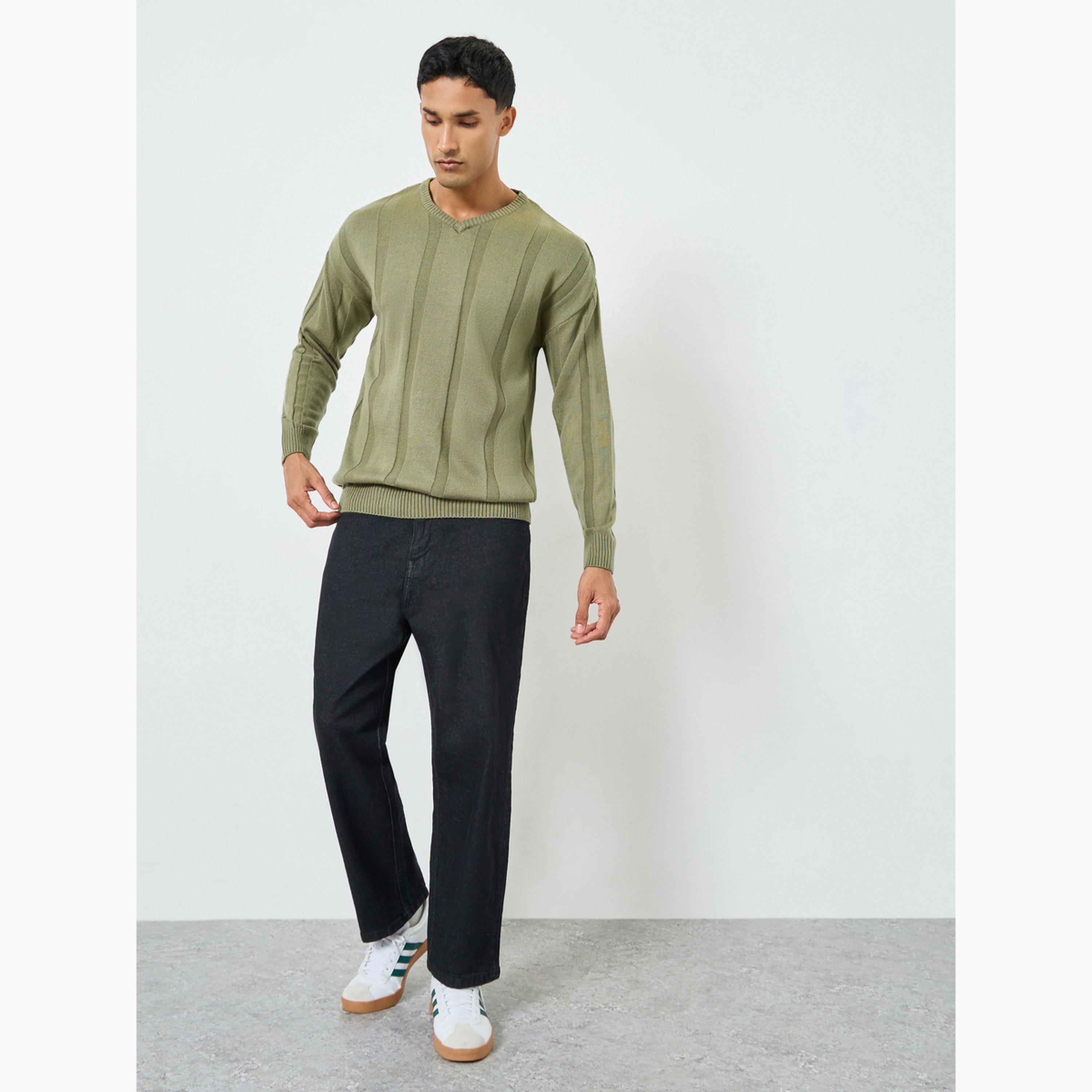 Styli Men Green Ribbed Knitted Sweater-men-clothing-sweatersandpullovers-image-2