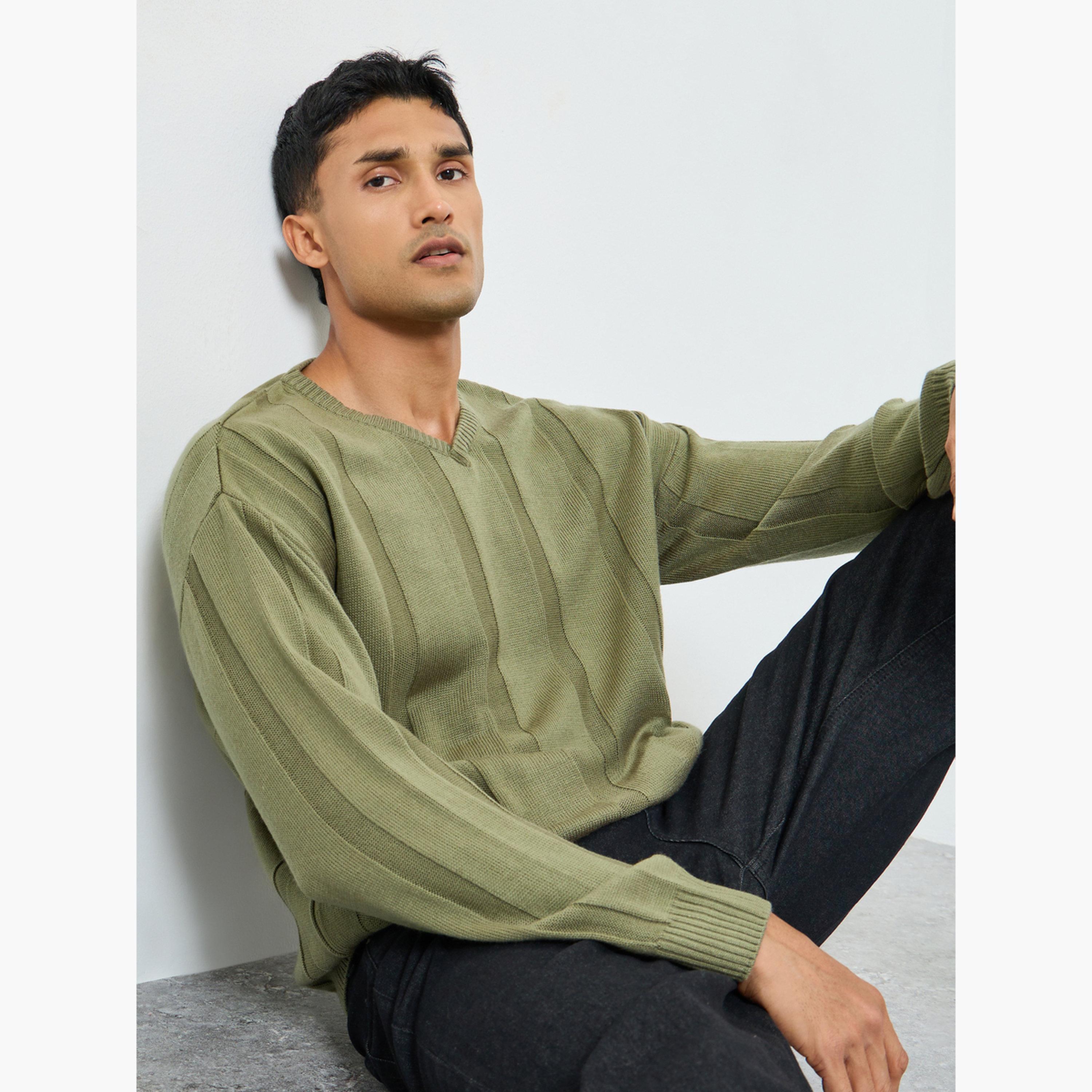 Styli Men Green Ribbed Knitted Sweater-men-clothing-sweatersandpullovers-image-3